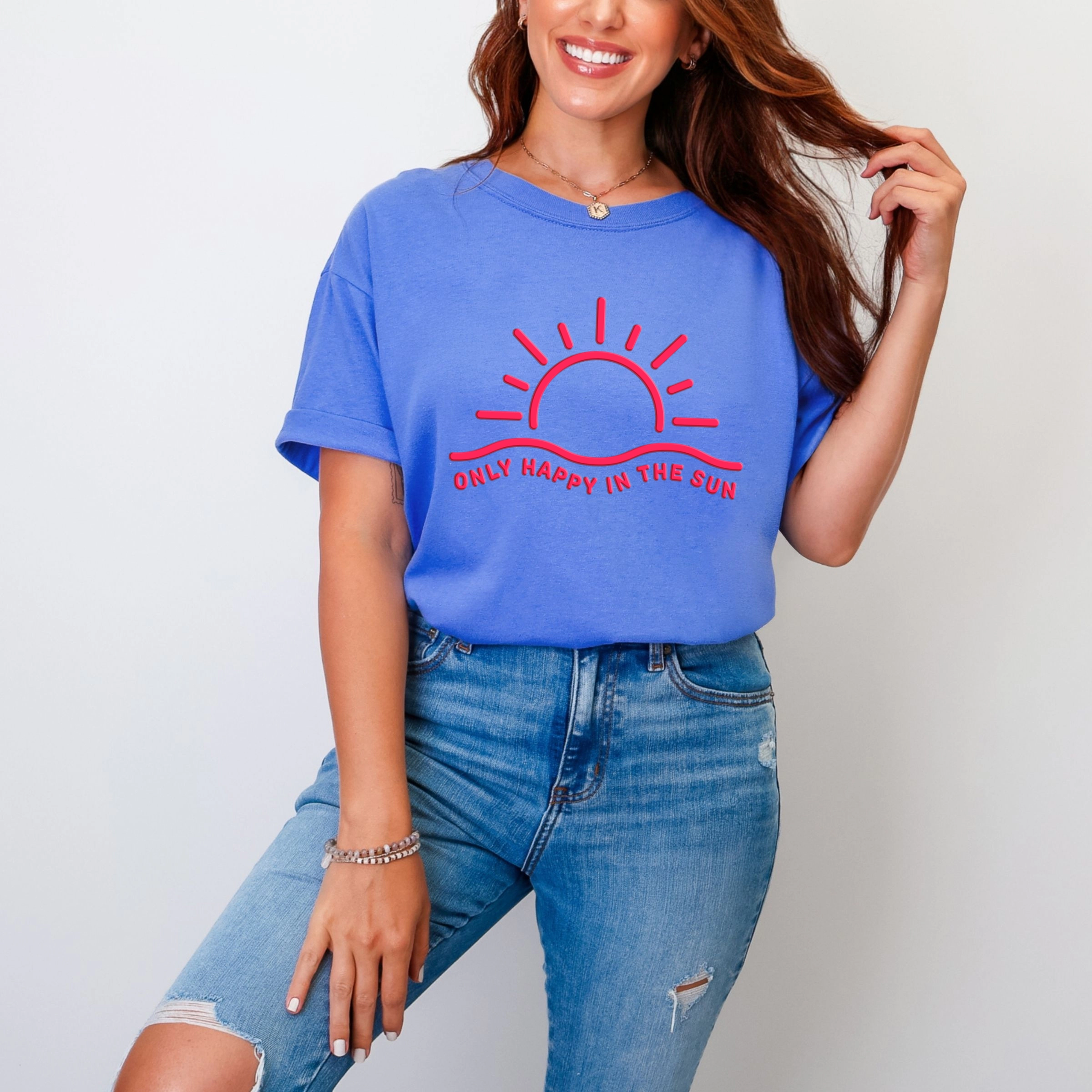 Simply Sage Market - Only Happy The Sun Puff Print Women's Garment Dyed Graphic T-Shirt