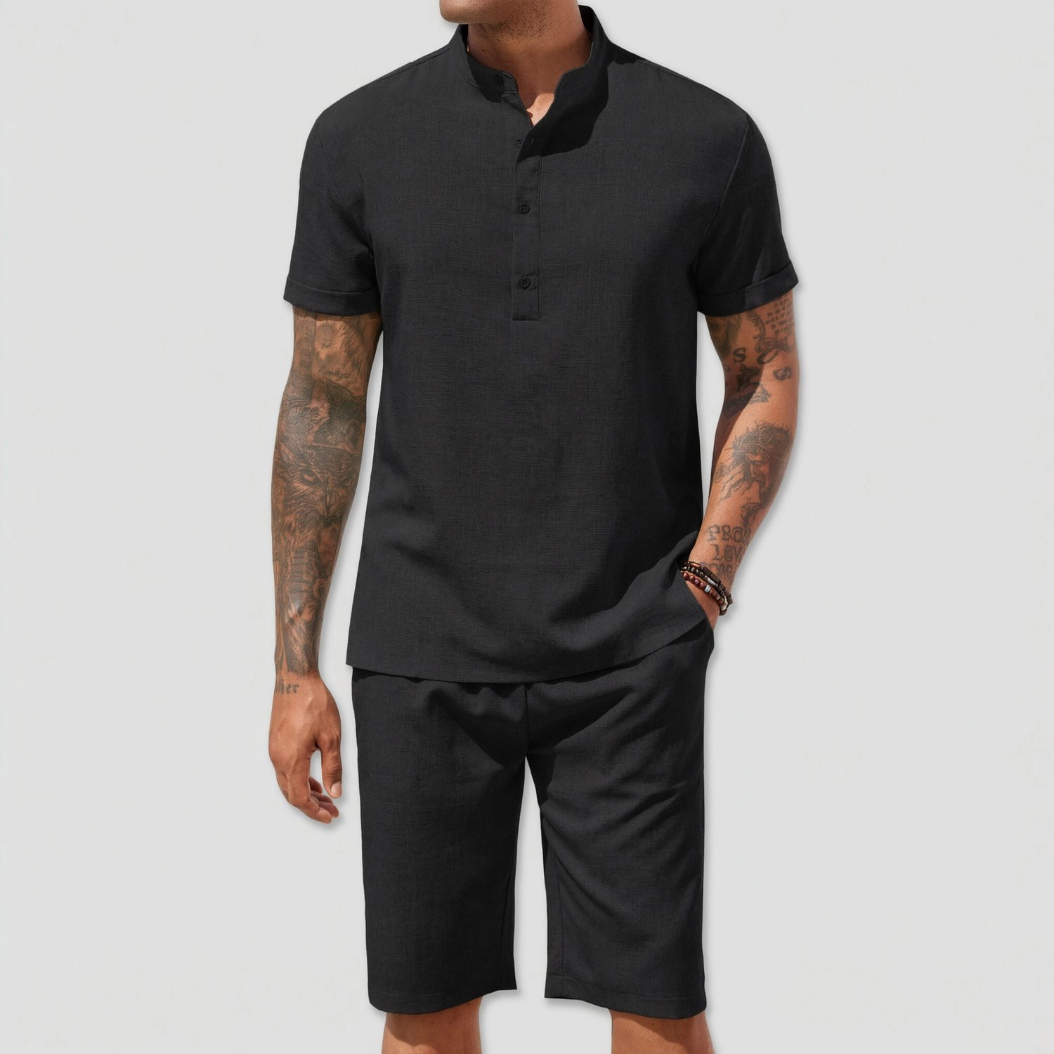 COOFANDY Mens Short Sleeve Henley Band Collar Button Shirt & Shorts 2 Piece Set