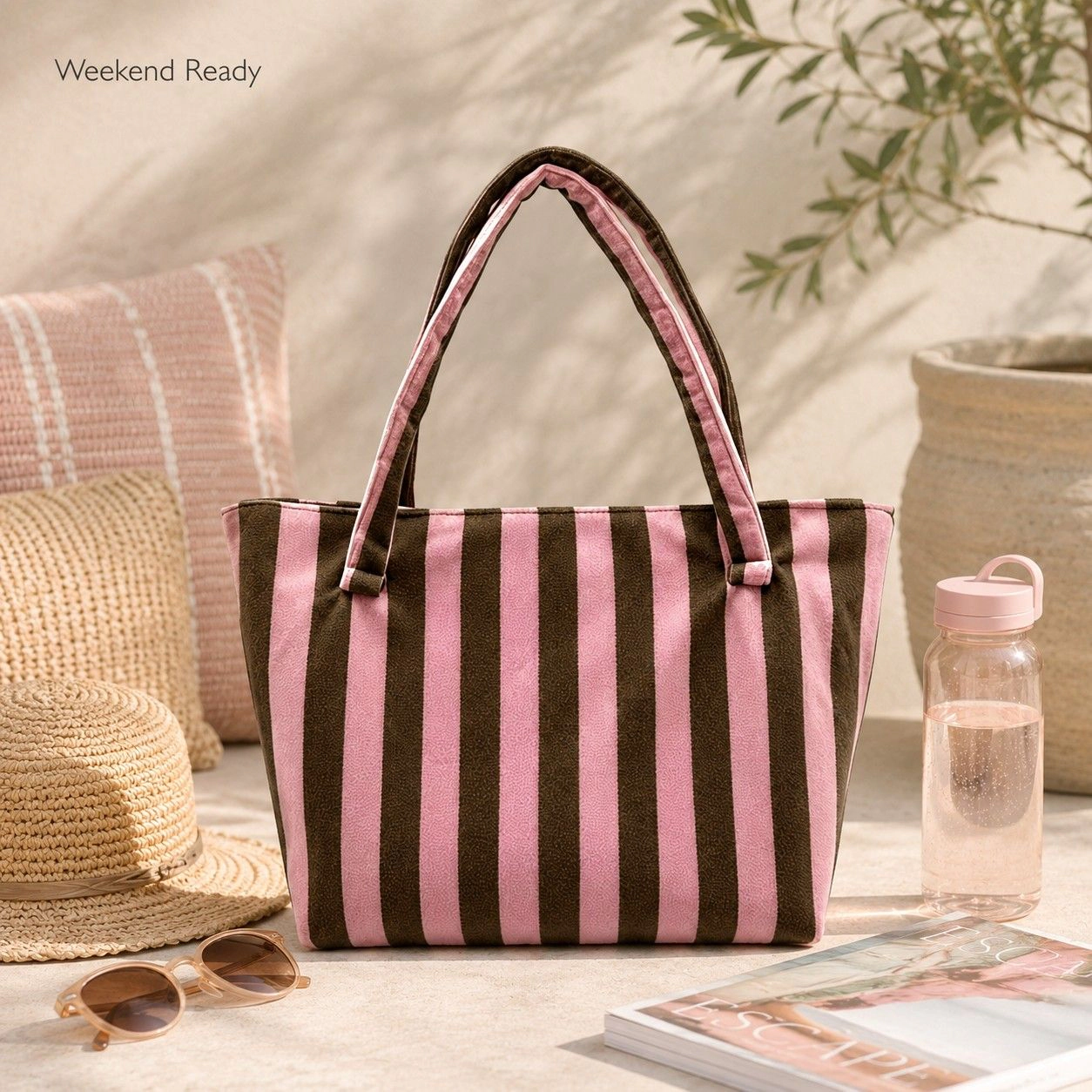 Alilang Women's Striped Terry Cloth Tote Bag Roomy Beach and Travel Shoulder Carryall, Green White Stripe