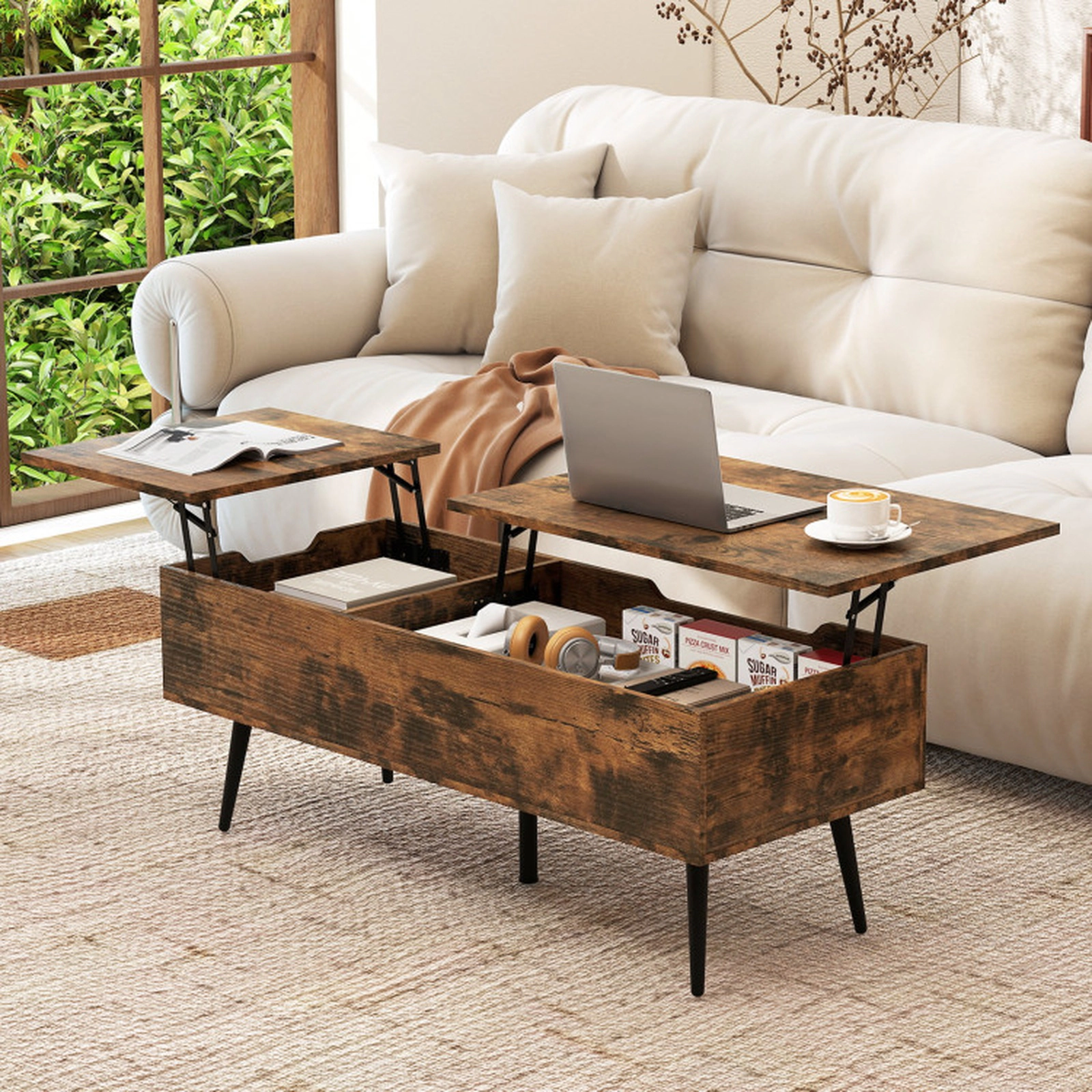 SUGIFT 47-in 132-lb Capacity Dual Pneumatic Lift Top Coffee Table with 2 Hidden Storage Compartments