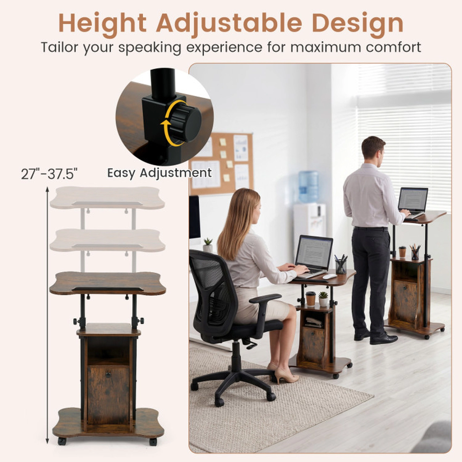 SUGIFT Mobile Standing Desk Cart Lectern with Tilt Desktop and Storage Cabinet 45-lb Capacity Rustic Brown