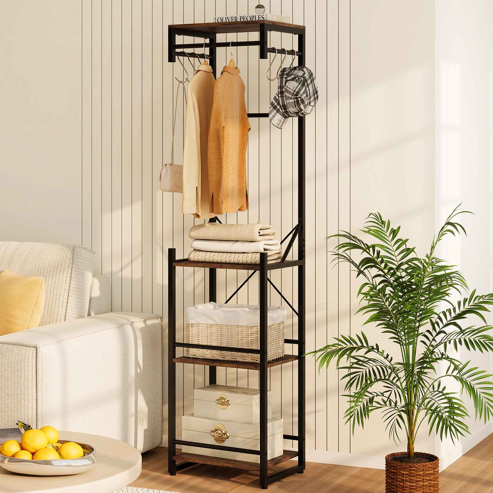 SUGIFT Freestanding Coat Rack 4 Storage Shelves 3 Hanging Rods & 6 Hooks 22-lb Top Shelf 33-lb Bottom Shelves Rustic