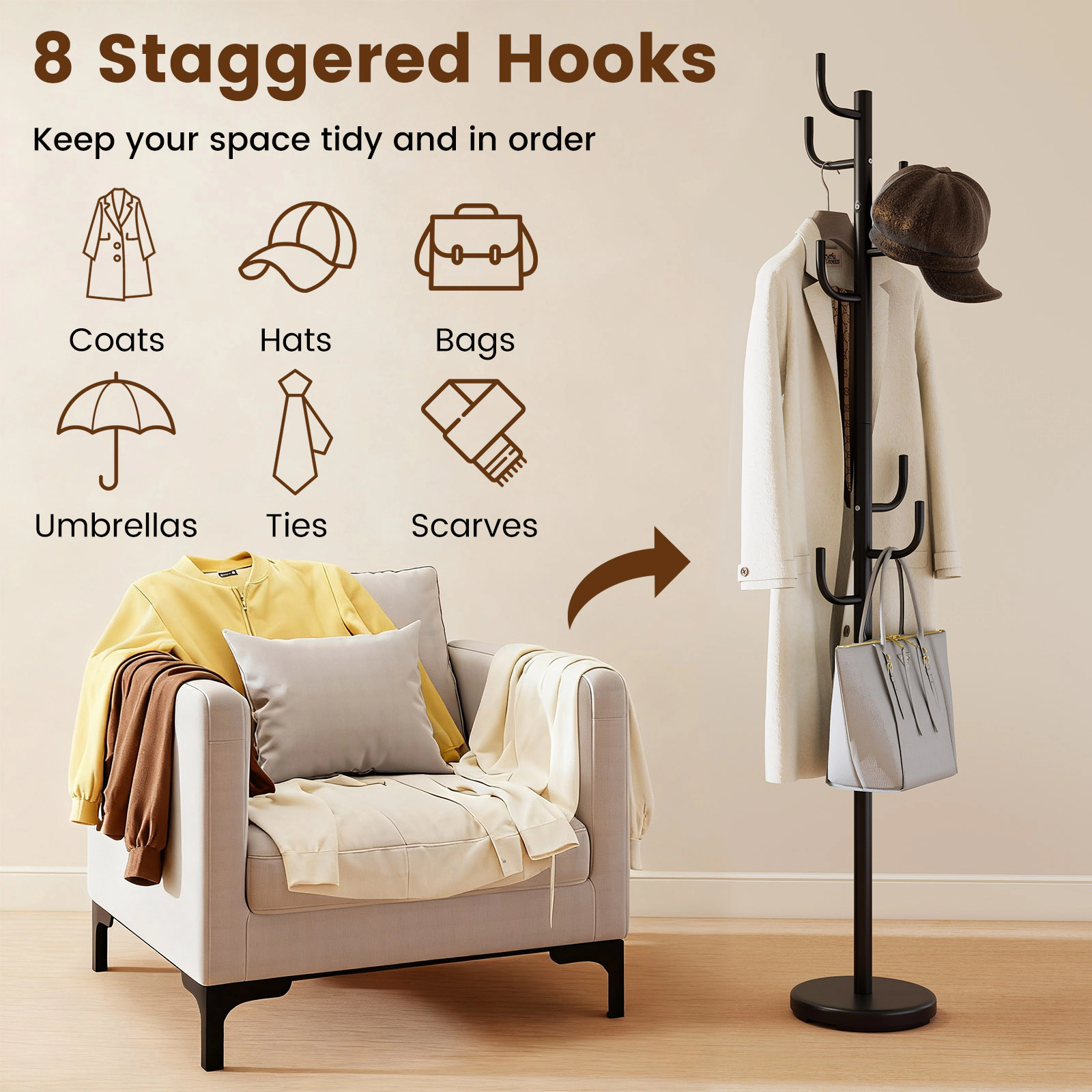 SUGIFT Black 69-in Tall Freestanding Metal Coat Rack Hat Tree with 8 Hooks and Weighted Round Base