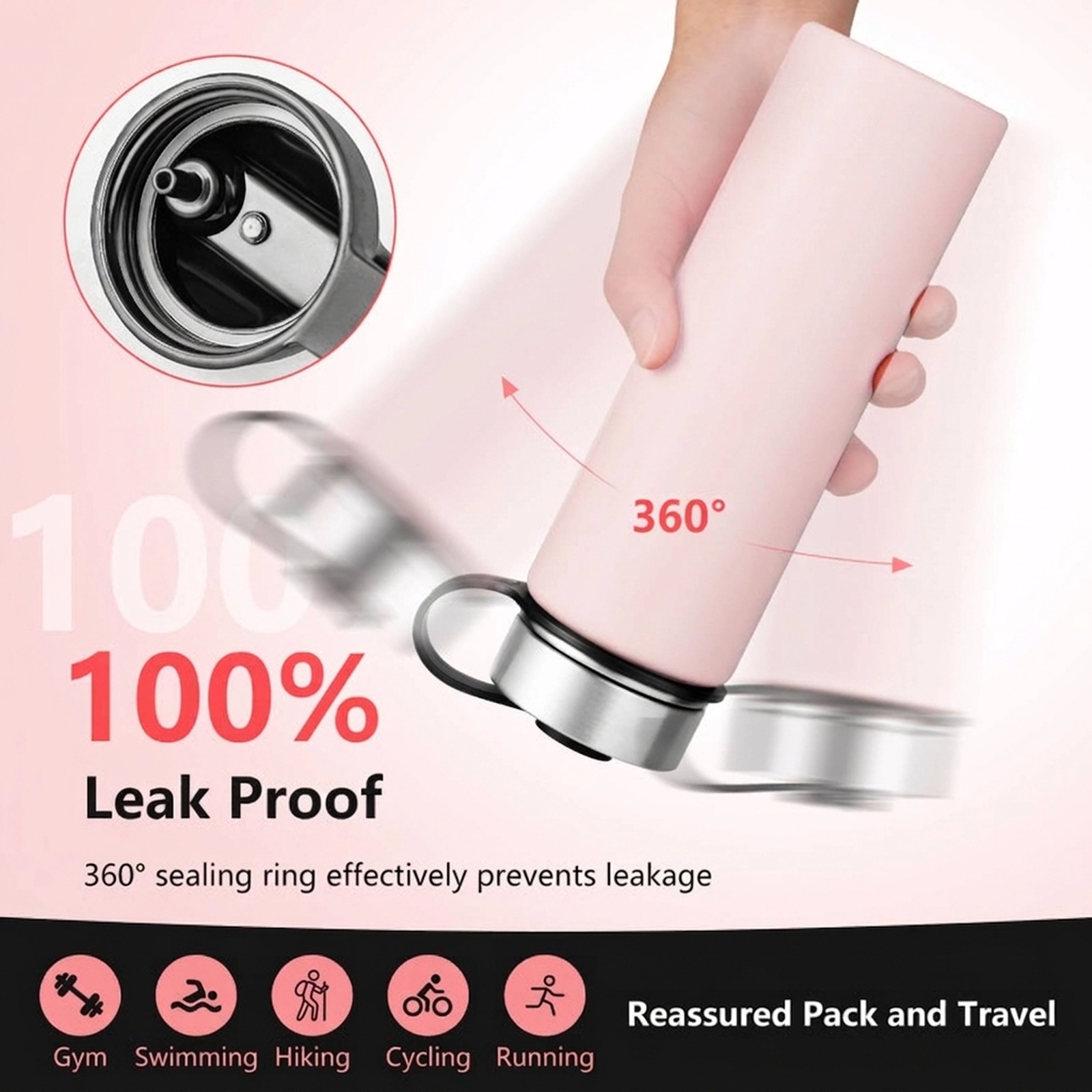 SUGIFT Pink 22-oz Double-Wall Vacuum Insulated Stainless Steel Water Bottle with 2 Lids and Straw