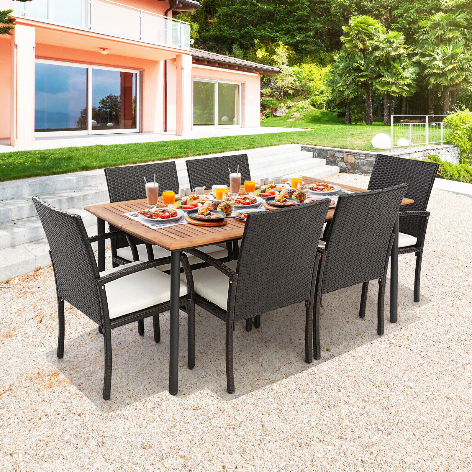 Hivvago 7 Pieces Patio Wicker Cushioned Dining Set With Umbrella Hole