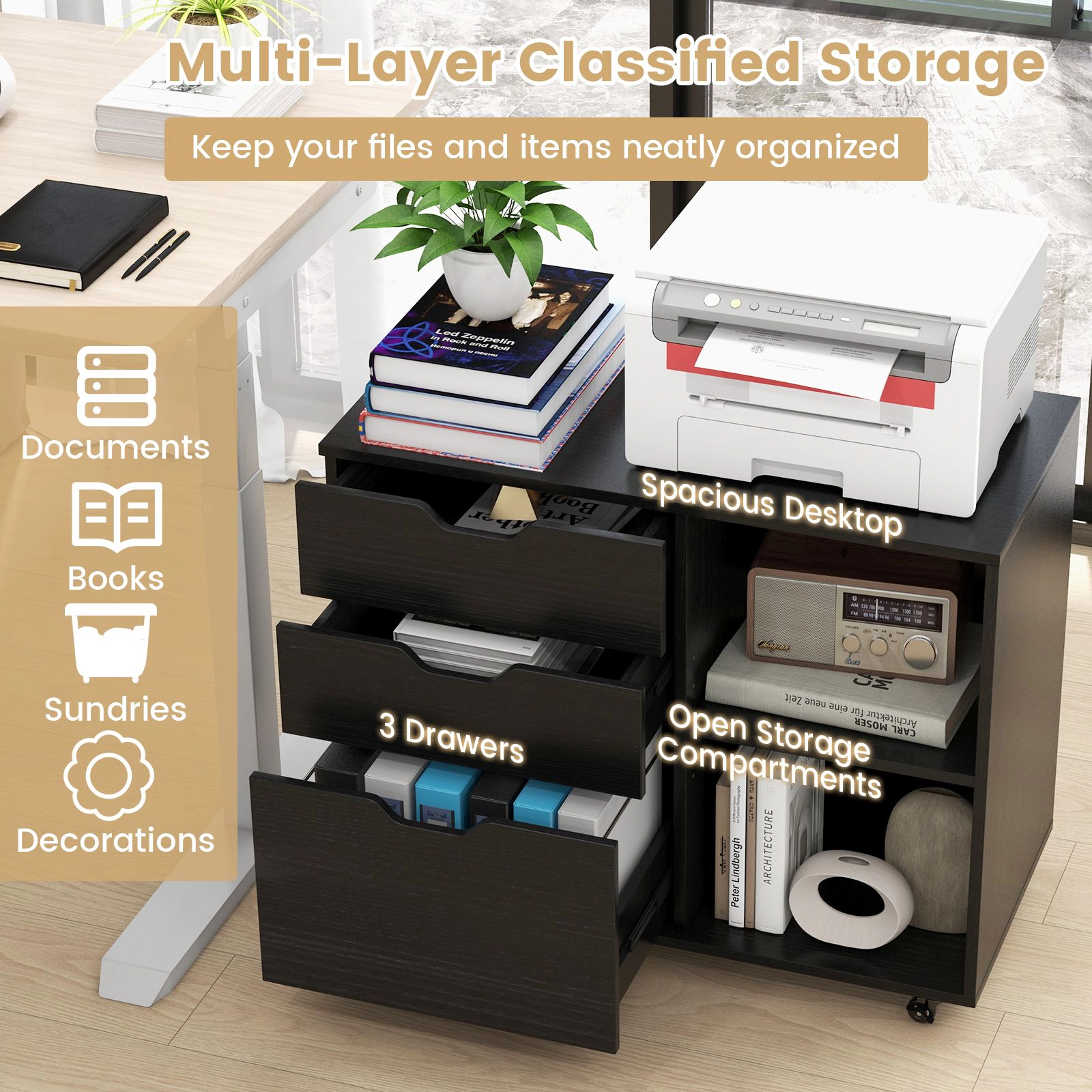 SlickBlue 3-Drawer Mobile File Cabinet with Adjustable Shelf & Printer Stand