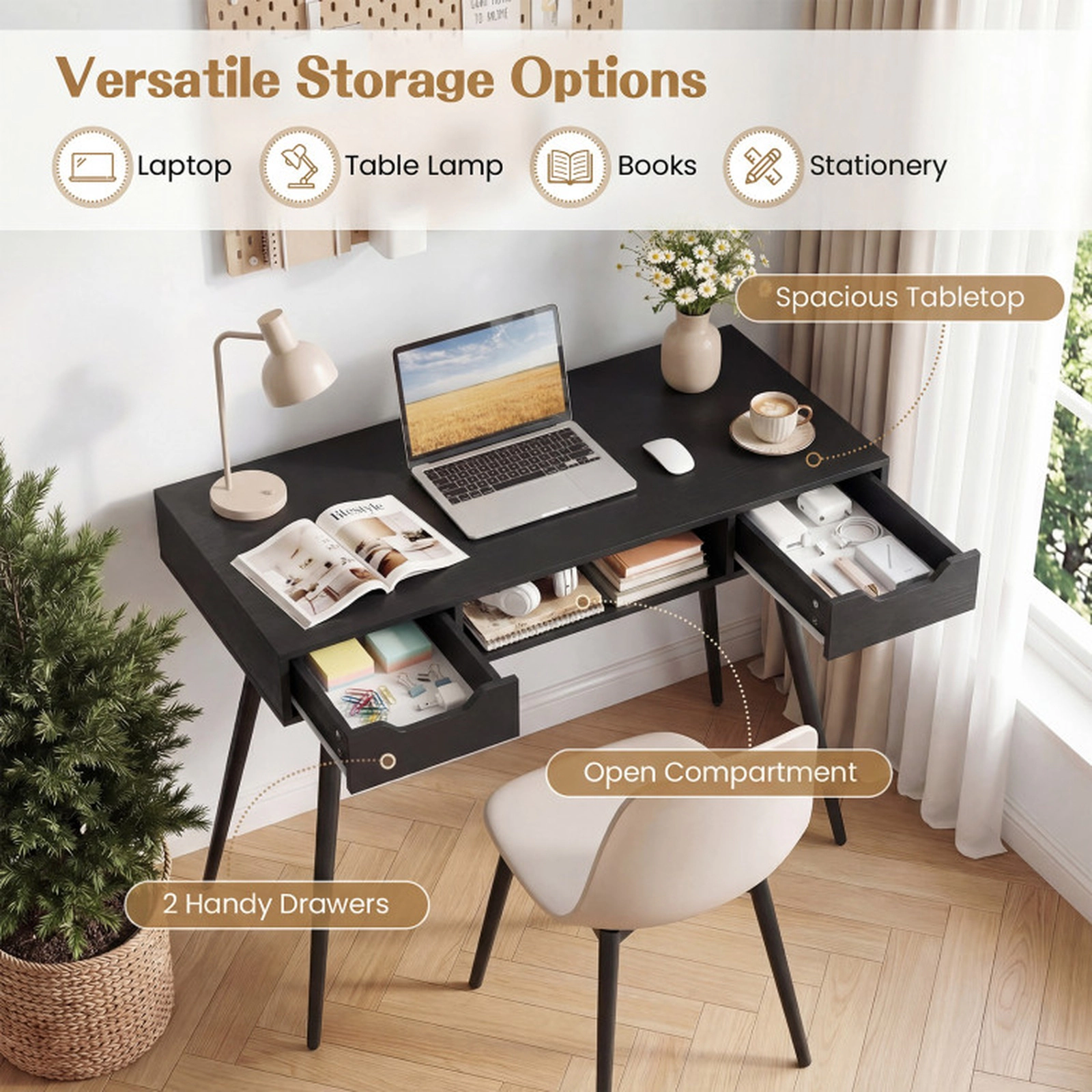 SUGIFT 42.5-in Black Mid-Century Modern Writing Desk with 2 Drawers