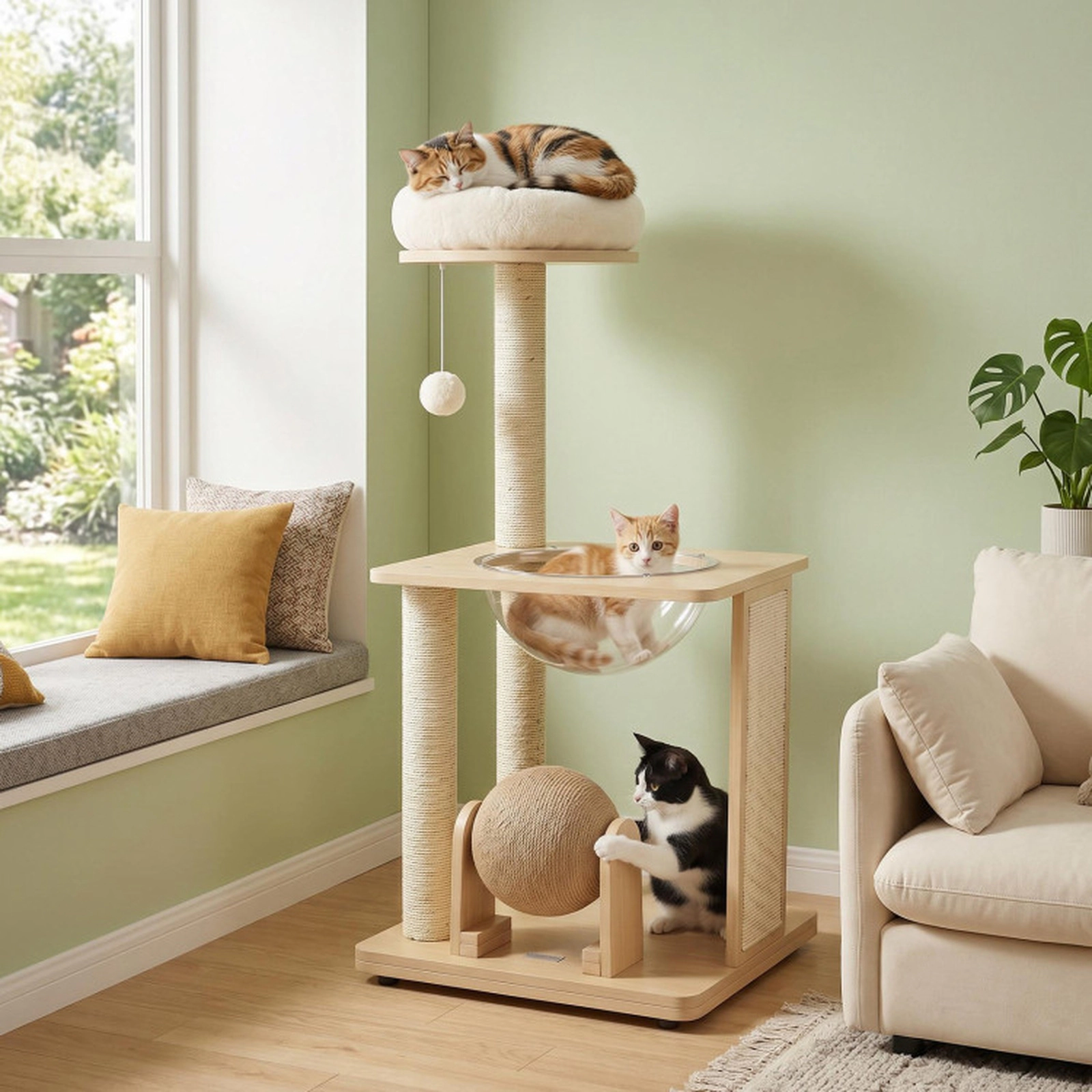 SUGIFT Natural Wood Cat Tree with Space Capsule and Scratching Ball 23.5-in W 21-in D 40-in H 33-lb Per Layer