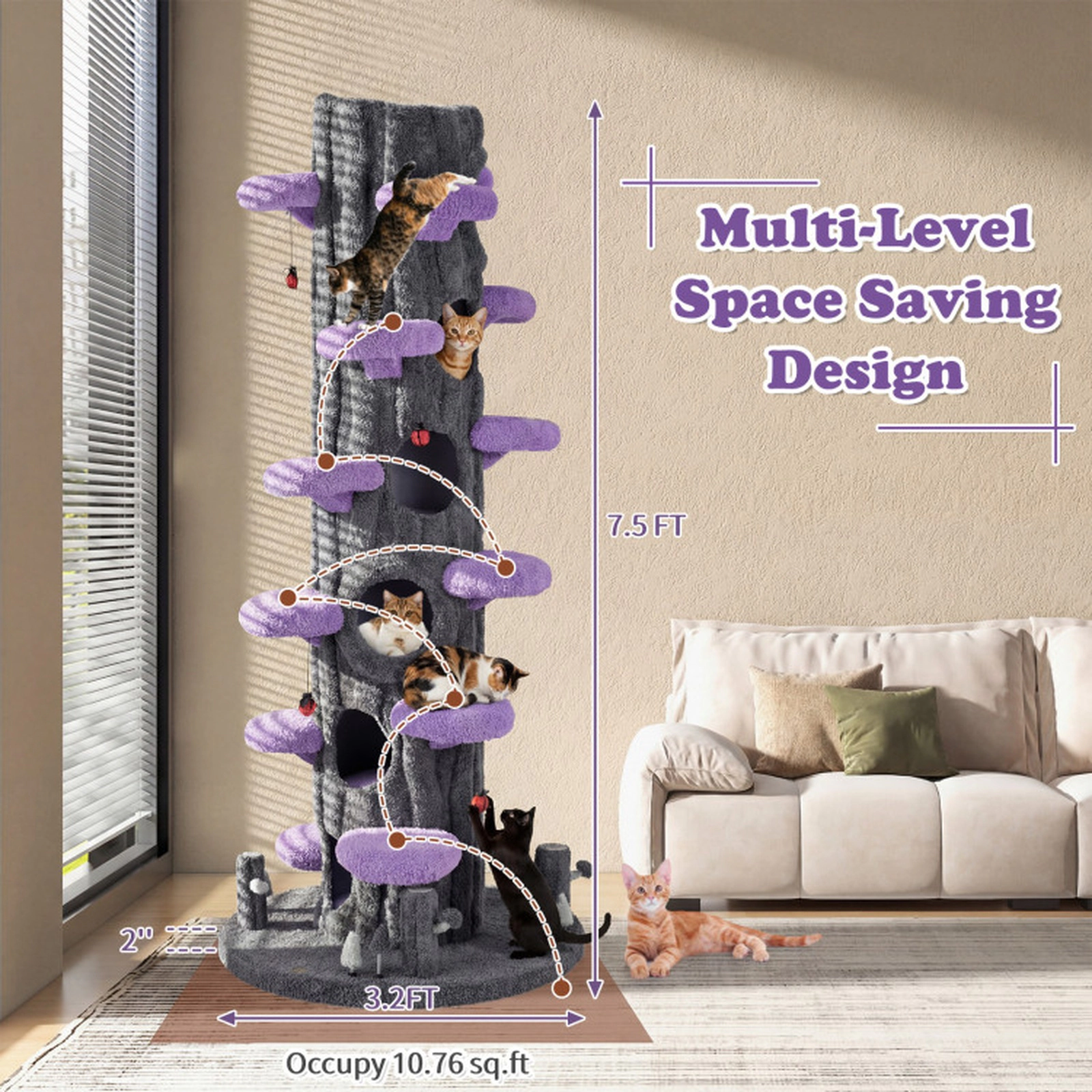 SUGIFT Purple 90.5-in Tall Multifunctional Cat Tree with Private Condos and Sisal Scratching Panel