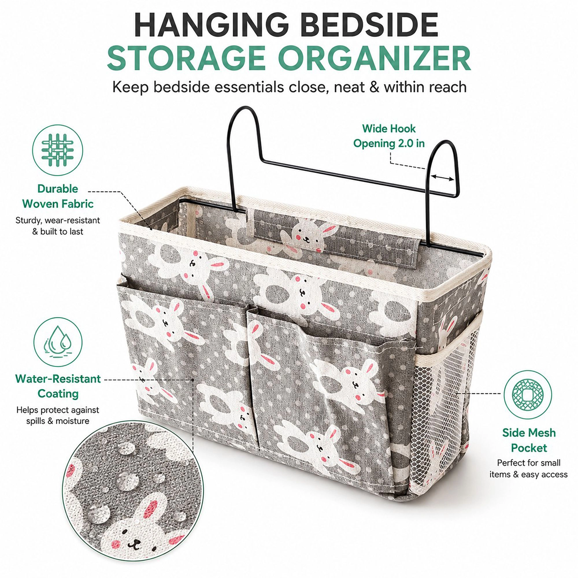 Alilang Hanging Bedside Storage Caddy Bunny Print Organizer with Hooks and Multiple Pockets