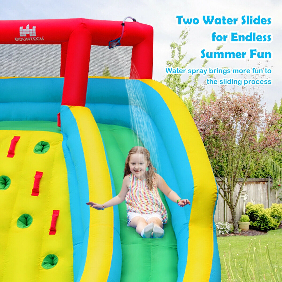 Hivvago Double Side Inflatable Water Slide Park with Climbing Wall for Outdoor Without Blower