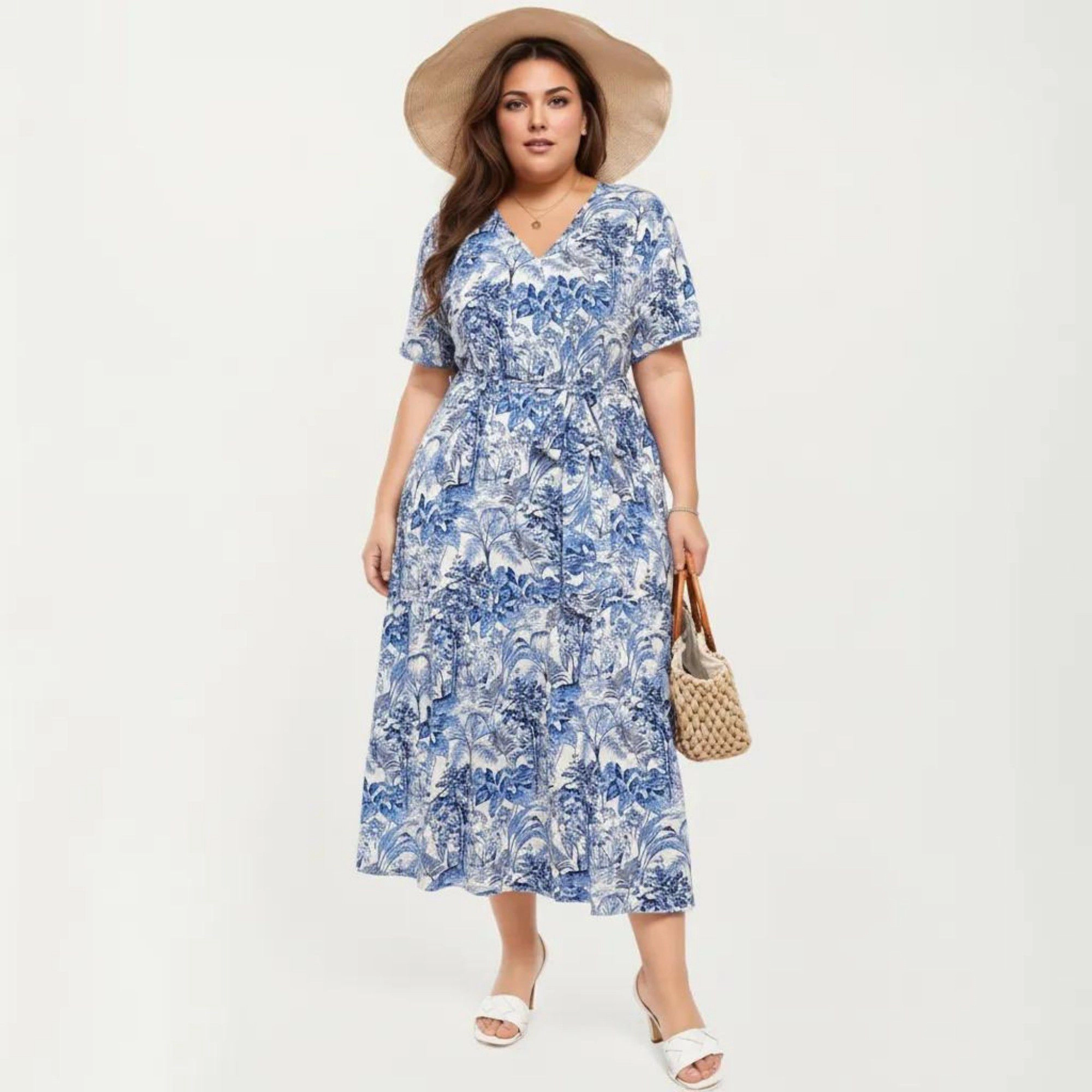 Anna-Kaci Women's Short Sleeve V Neck Waist Tie Belt All Over Print Flowy Fit Midi Dress