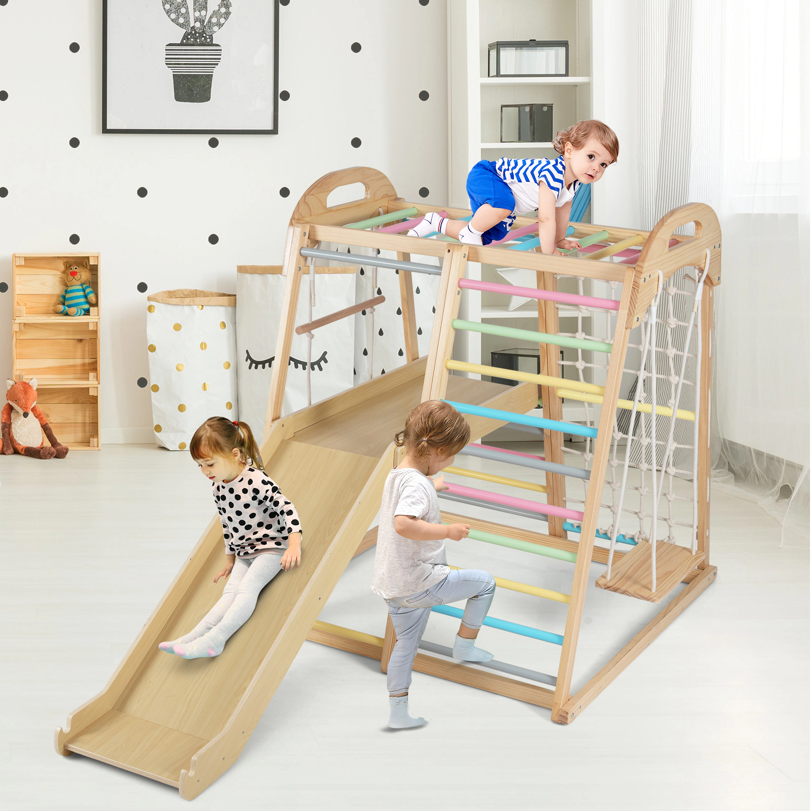 8-in-1 Multicolor Wooden Jungle Gym Kids Climber Height-Adjustable Ramp Rope Swing Monkey Bars 110-lb Ages 3-5