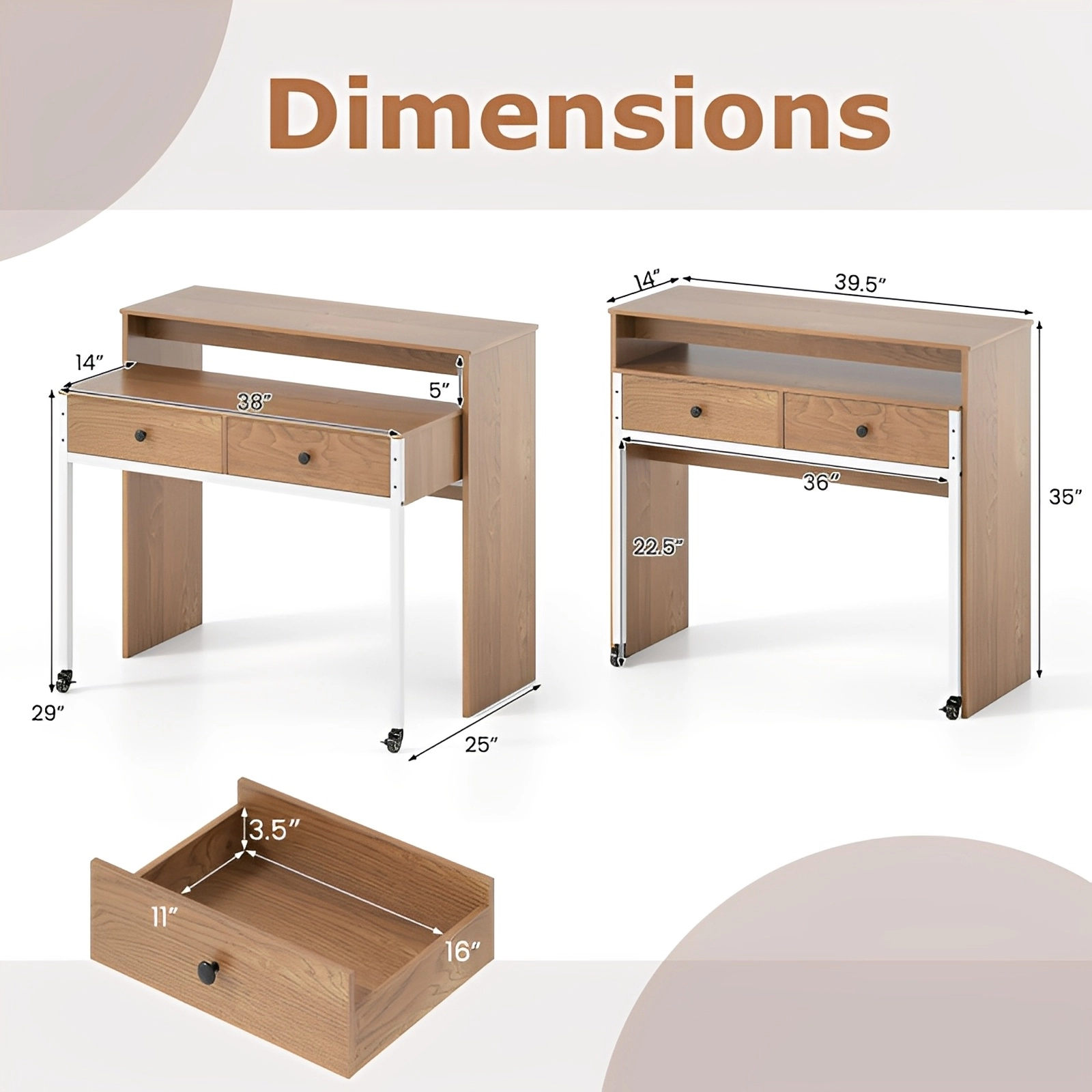 SUGIFT Extendable Computer Desk with Pull Out Secondary Desk 33-lb Tabletop 110-lb Shelf Capacity Natural 2-Drawer