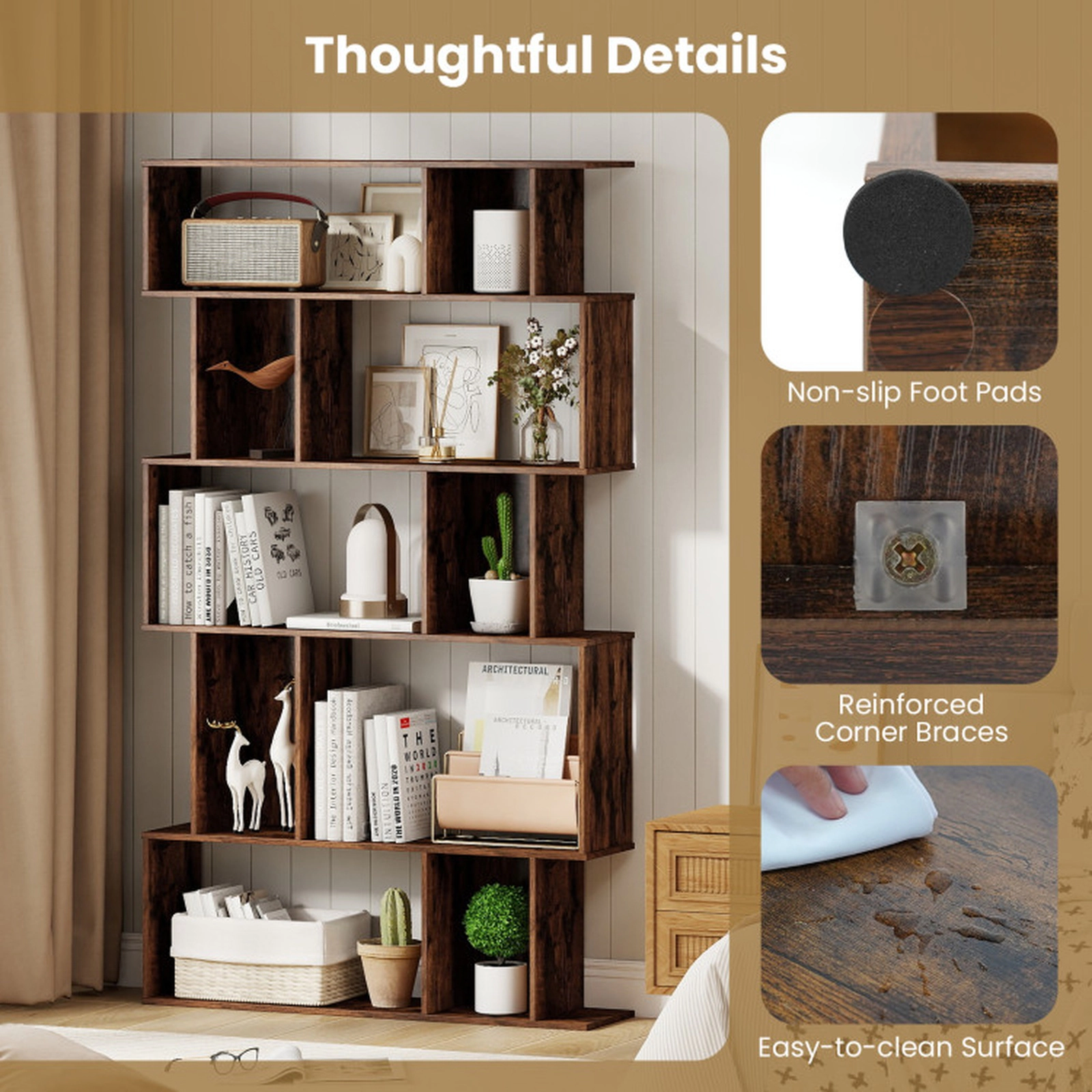 SUGIFT Set of 2 5-Tier Geometric S-Shaped Closed-Back Cubes Bookshelves 35.5-in x 8.5-in x 62-in 200-lb Capacity Brown