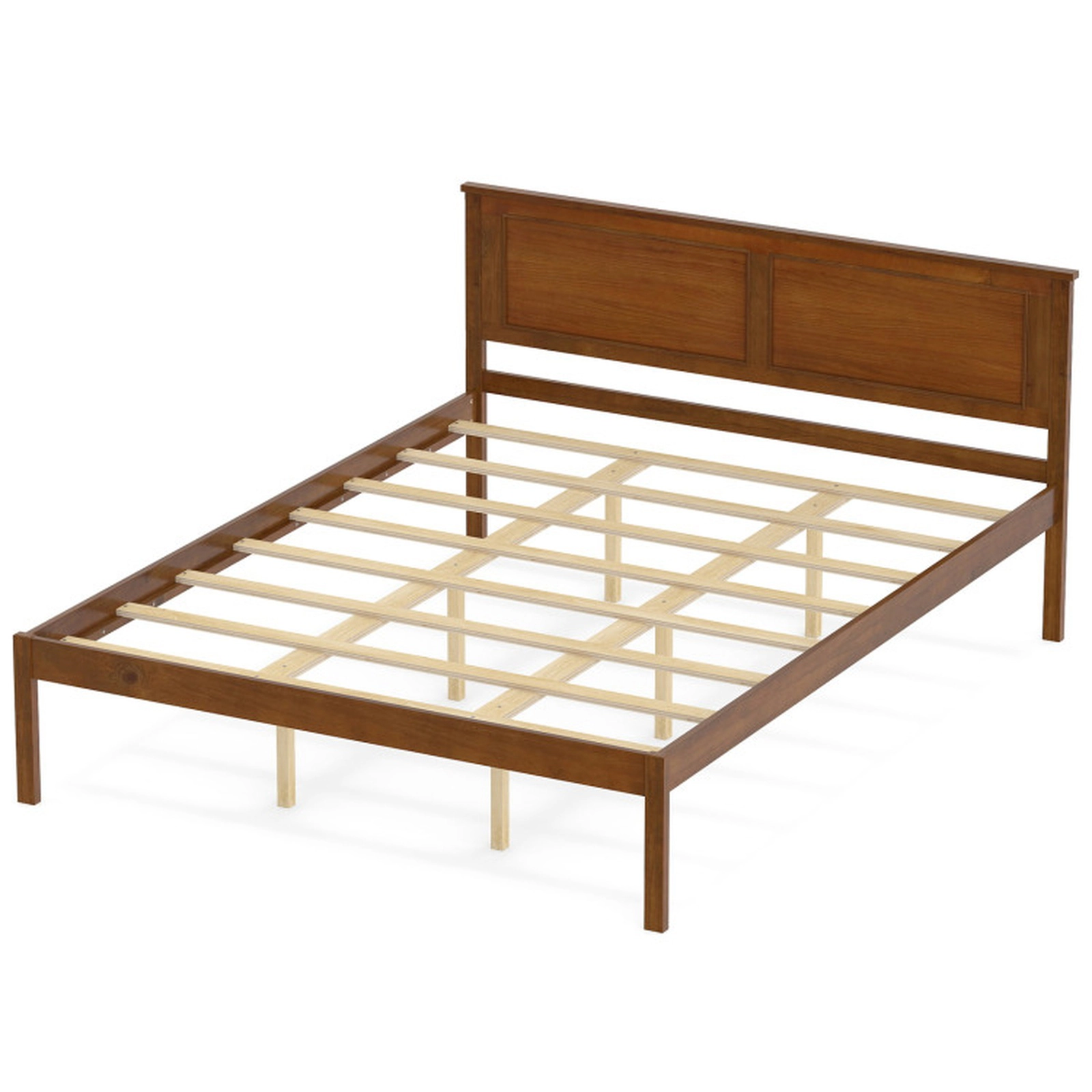 SUGIFT Walnut Panel Headboard Queen Size Farmhouse Wooden Platform Bed Frame