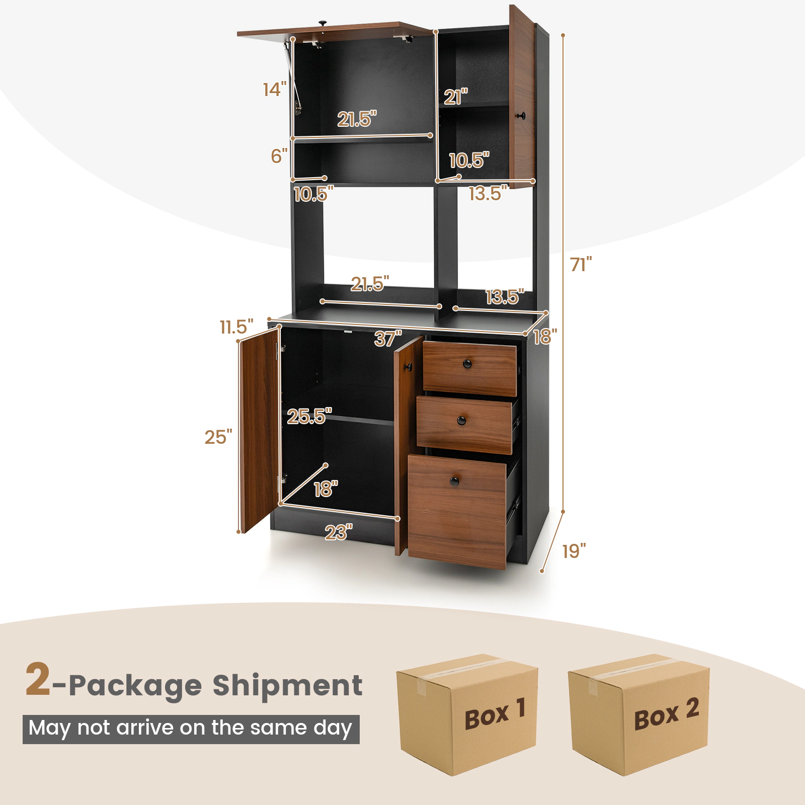 SUGIFT 71-in 3 Cabinets 3 Deep Drawers Adjustable Shelves Kitchen Pantry Cabinet 37-in x 19-in 110-lb Capacity Black