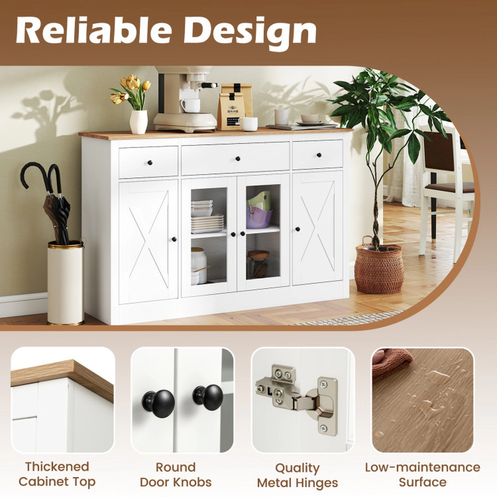 SUGIFT 55.5-in Large White Buffet Sideboard Wine Bar Table with 3 Drawers 2 See-Through Doors and Shelves