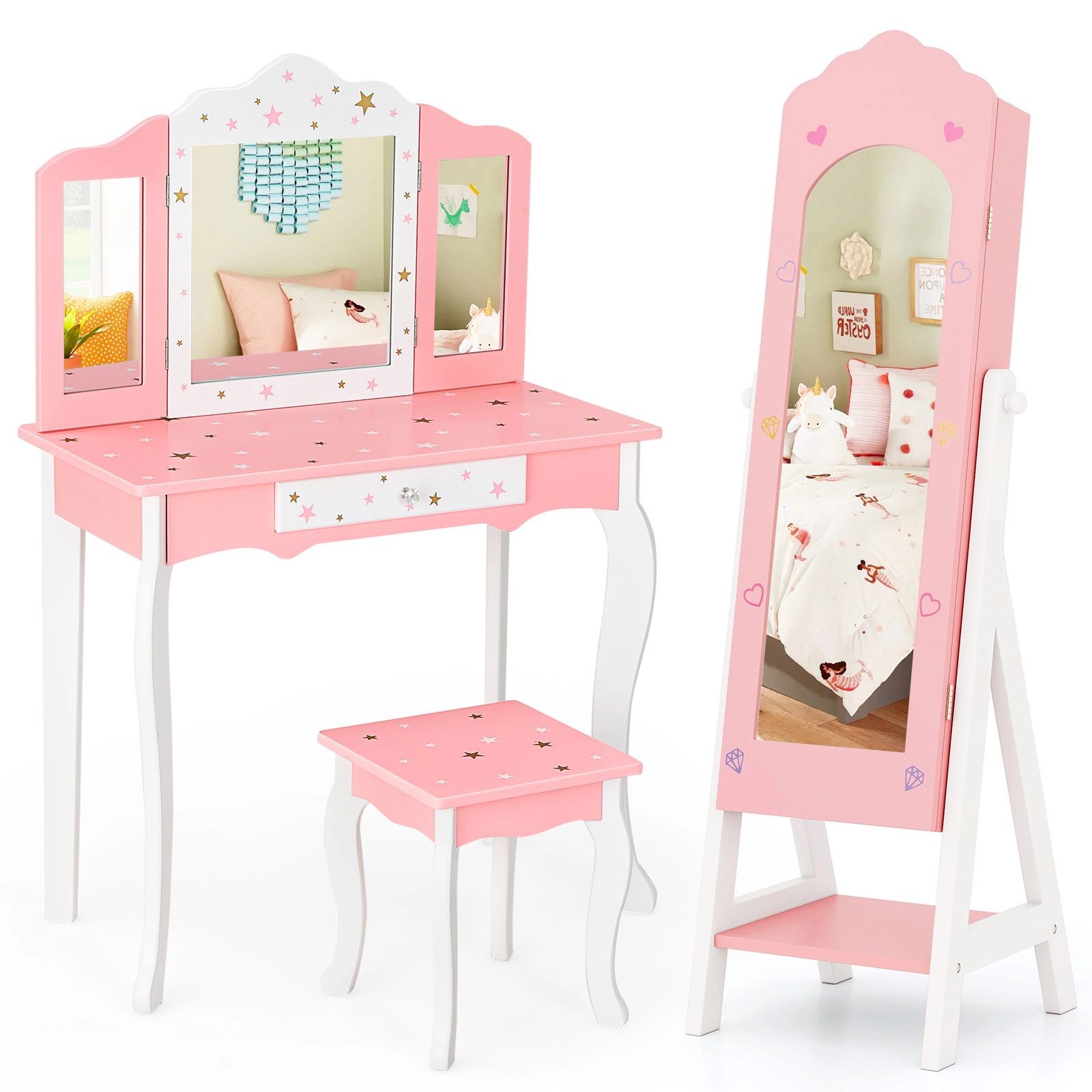 SUGIFT 2-Piece Kids Vanity Table and Stool with Jewelry Armoire Cabinet 88-lb Stool Capacity Pink
