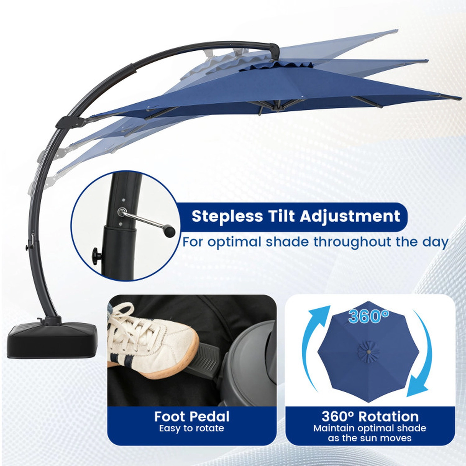 SUGIFT 11-ft Navy Offset Cantilever Patio Umbrella with Base 360-Degree Rotation and 8-Rib Aluminum Frame