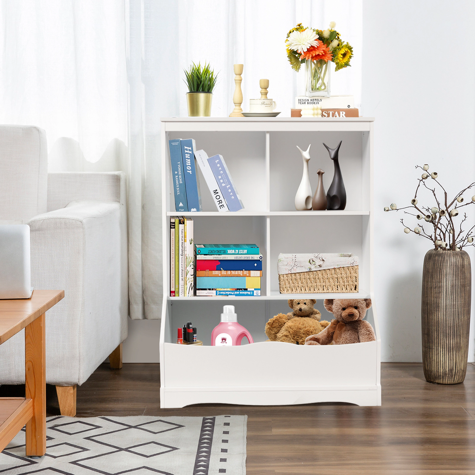 SUGIFT 3-Tier Multi-Functional Toy Organizer Bookcase with Storage Bin 66-lb Top Capacity White/Gray/Natural