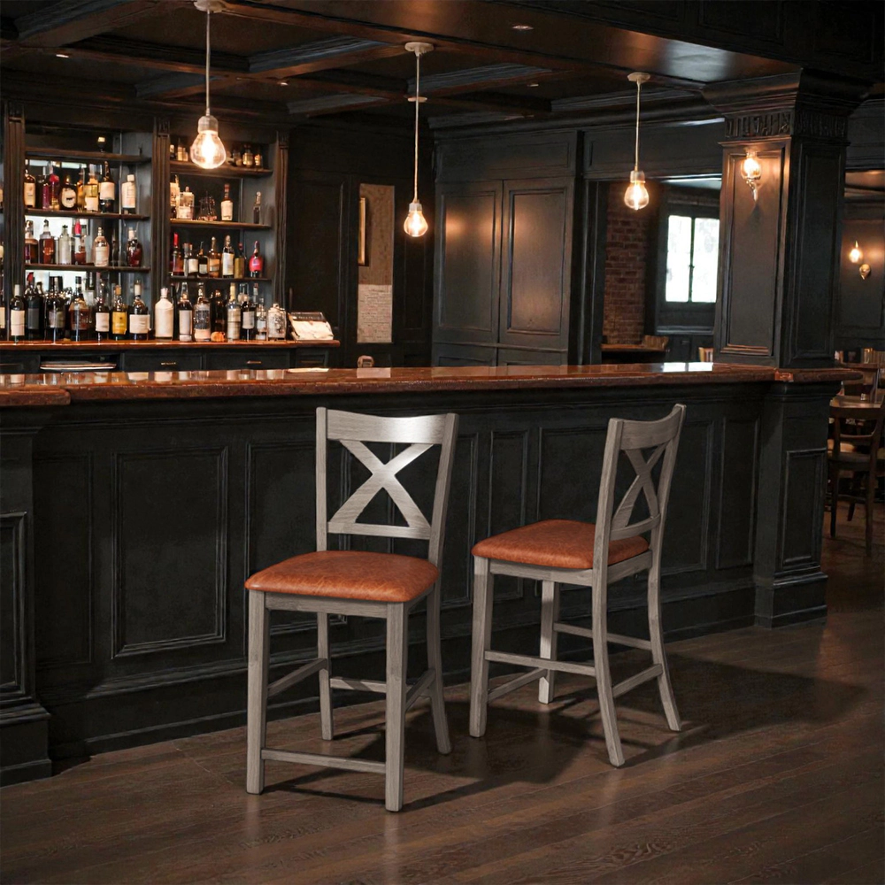 Hivvago Set of 2 Counter Bar Chairs with Cross Back Design and Faux Leather Cushioned Seats