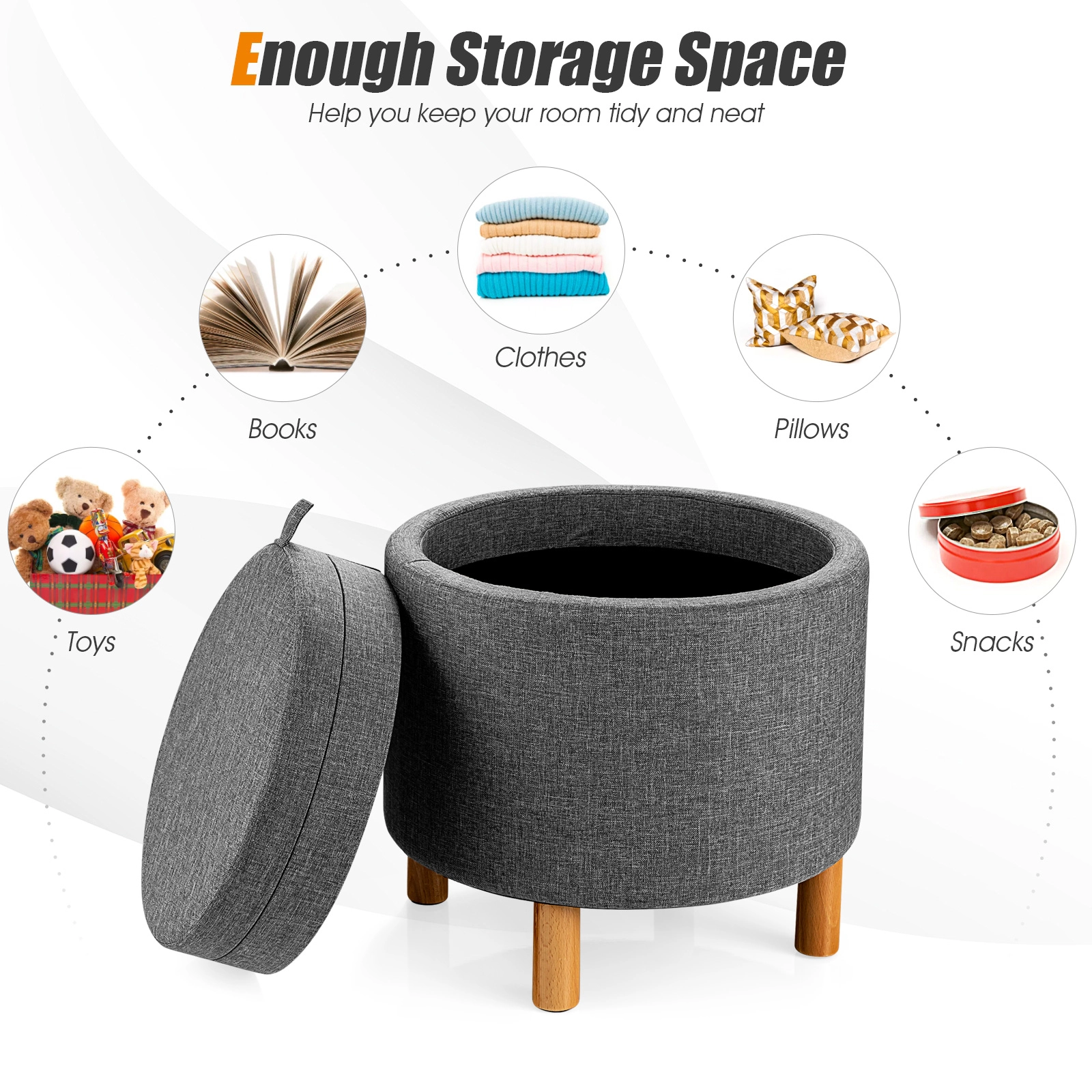 Glintex Round Storage Ottoman with Fringed Wooden Tray and Solid Pine Legs, Gray