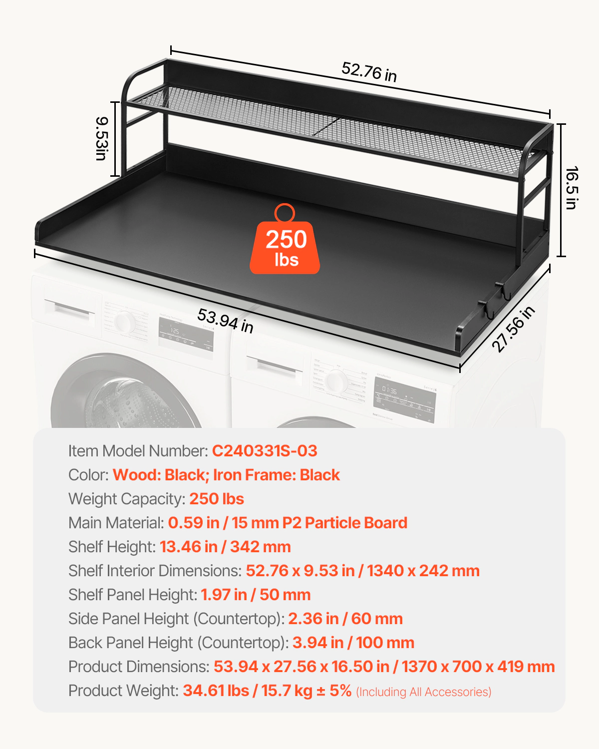 HONGGE 54 x 27 in Washer & Dryer Countertop with 2-Tier Shelf