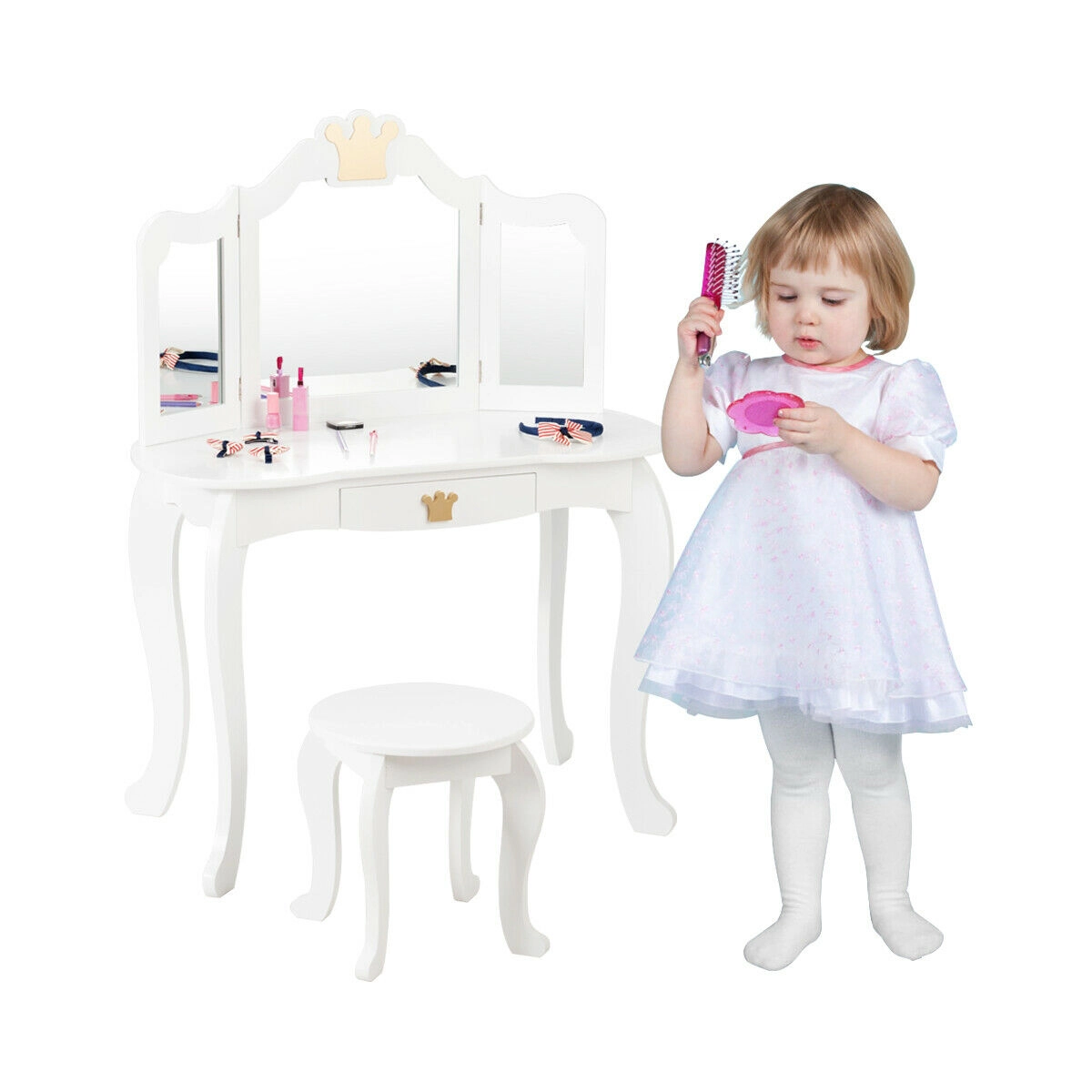 SUGIFT Kids Makeup Dressing Table Vanity with Tri-folding Mirror & Stool 33-lb Table Capacity 66-lb Stool Capacity White