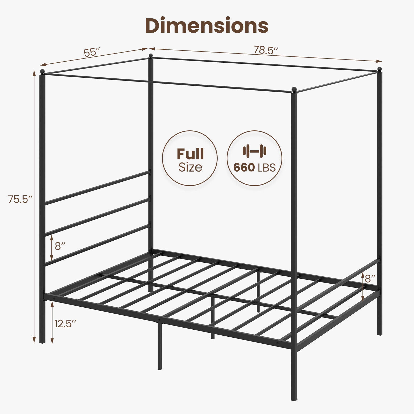 SUGIFT Black 4 Posts and Slat Support Full Size Metal Canopy Bed Frame
