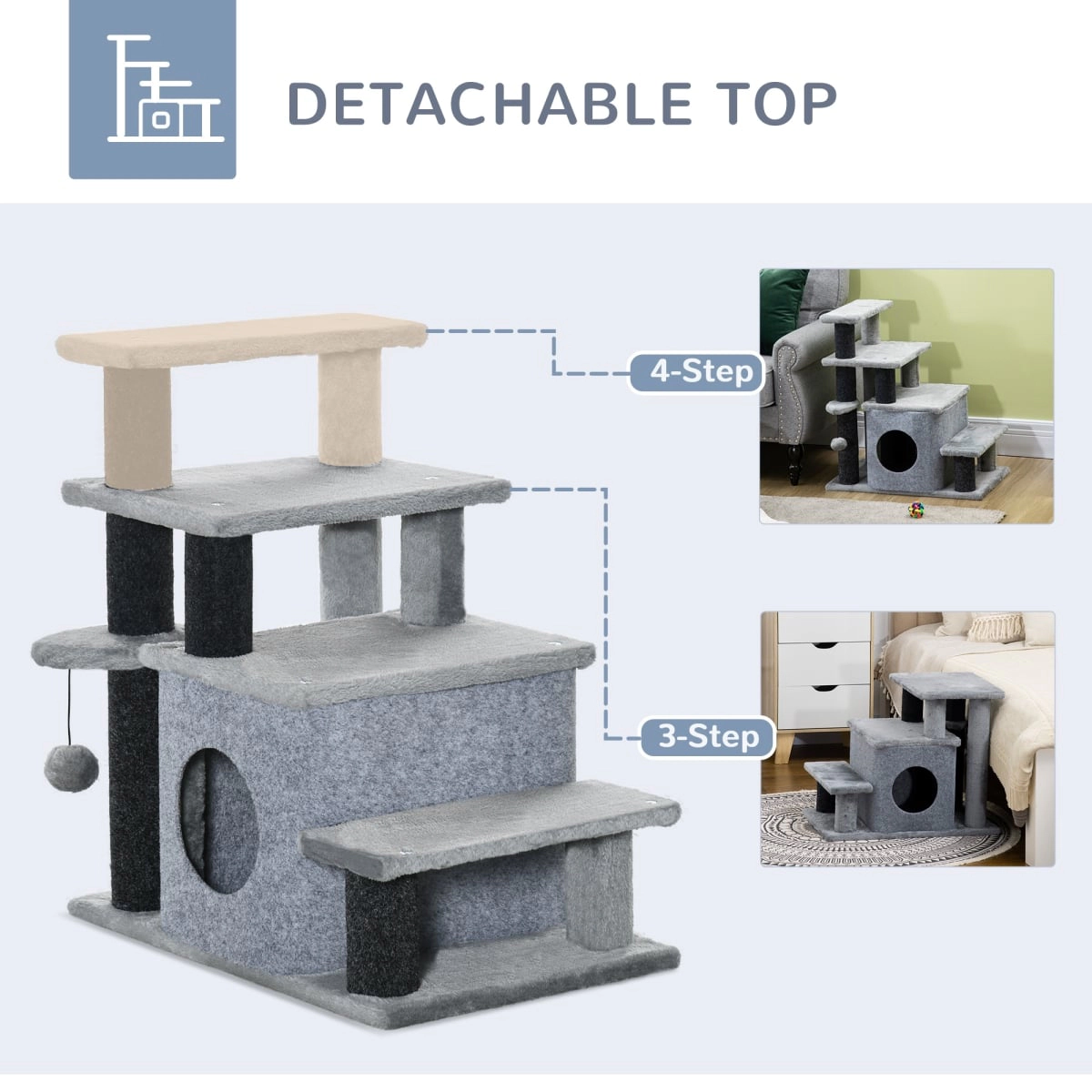 212 Main Paw Hut Adjustable Height 3 & 4 Step Cat Stairs - Gray