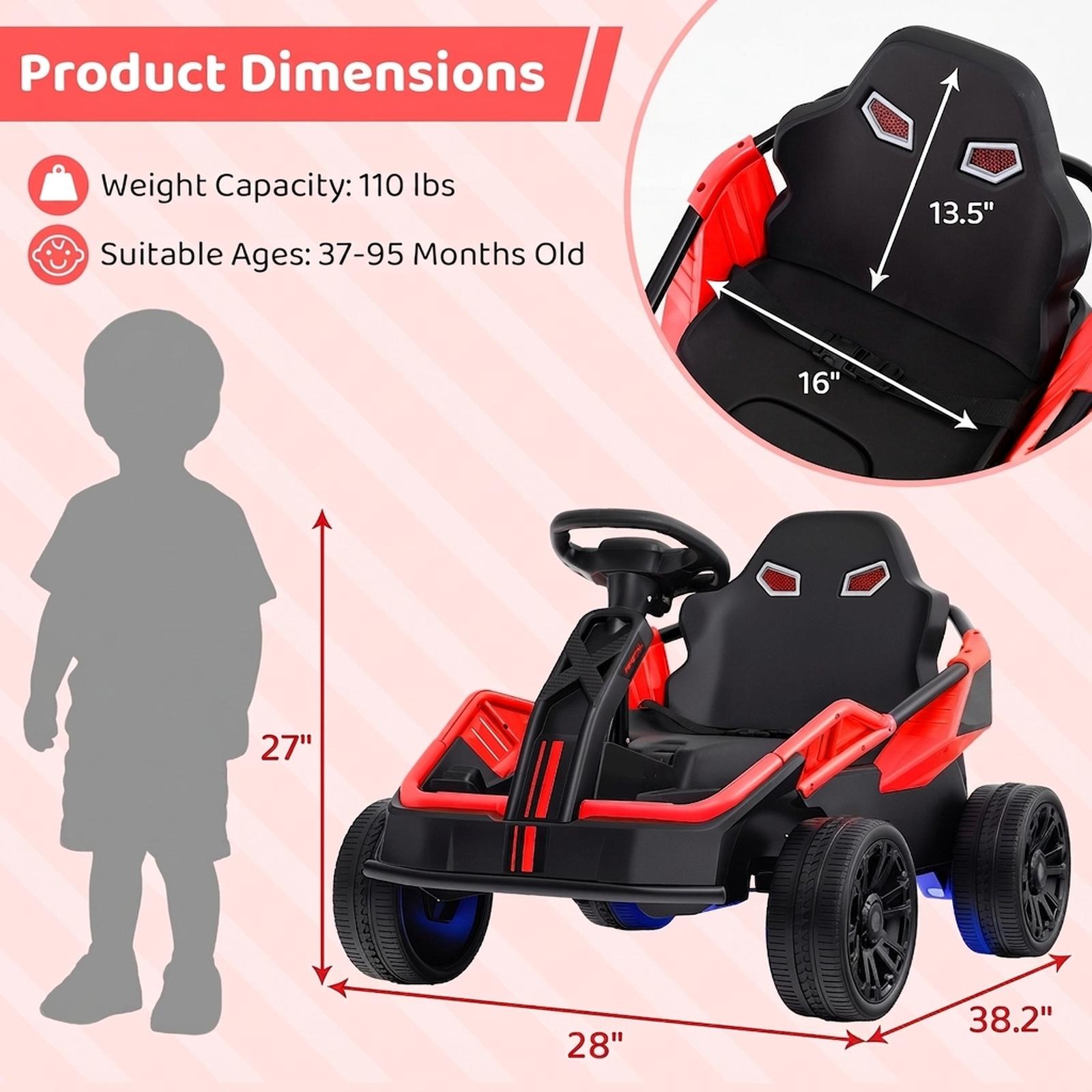 SUGIFT 12V Electric Ride-On UTV Car with Remote, Music and LED Lights 110-lb Capacity Ages 37-95 Months Red