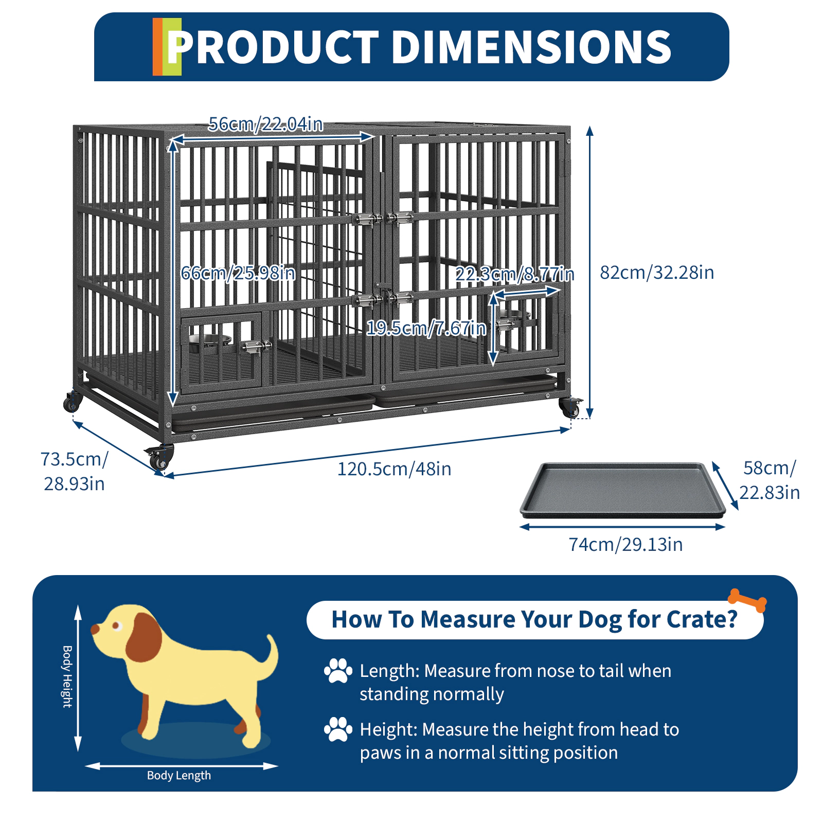 Heavy Duty Extra Large Metal Dog Crate with Roof Top, 2 Doors, Removable Tray & Wheels for High Anxiety Giant Breeds