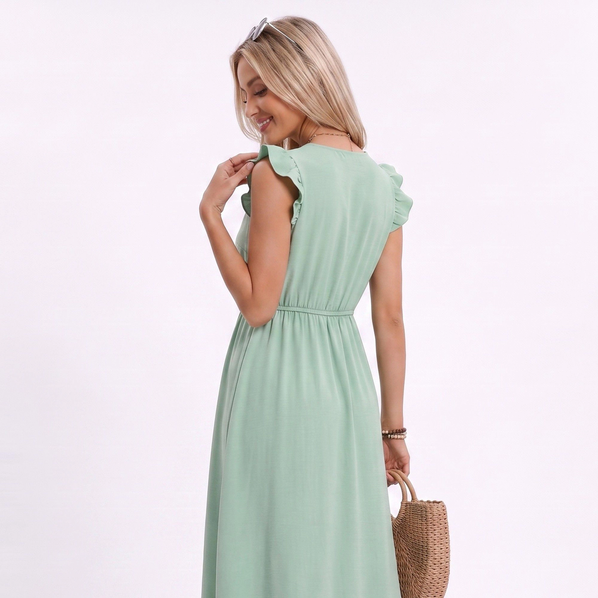 Anna-Kaci Women's Lace Trim Ruffle Sleeve Tie Neck Tiered Hem Midi Dress