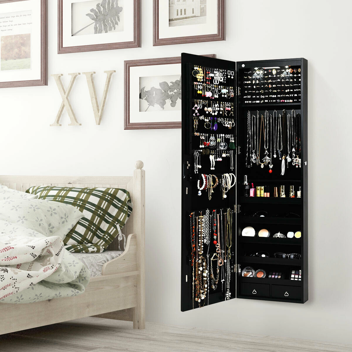 Glintex Mirrored Jewelry Armoire with 98 Ring Slots 36 Hooks and 2 Drawers