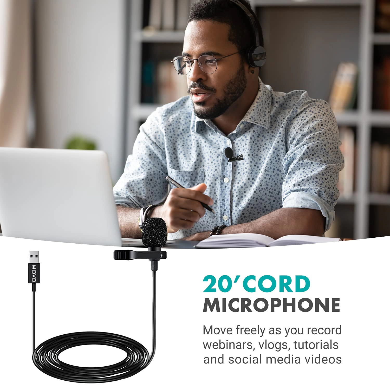 Movo M1 USB Lavalier Lapel Clip-on Omnidirectional Computer Microphone for Laptop, PC and Mac, Perfect Podcasting