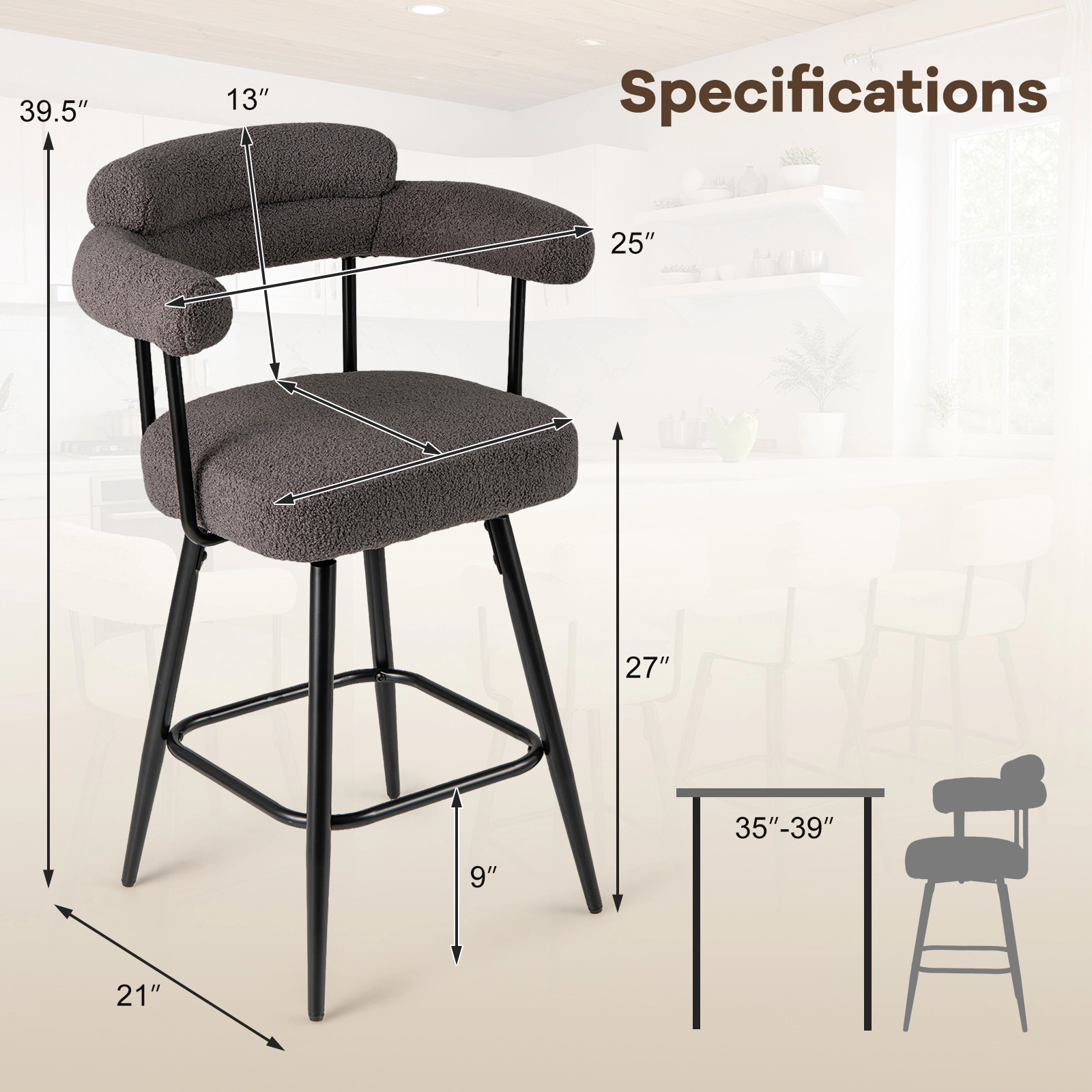 SUGIFT Boucle Swivel Counter Height Bar Stool Chairs with Curved Back and Arms 330-lb Capacity Set of 2 Gray