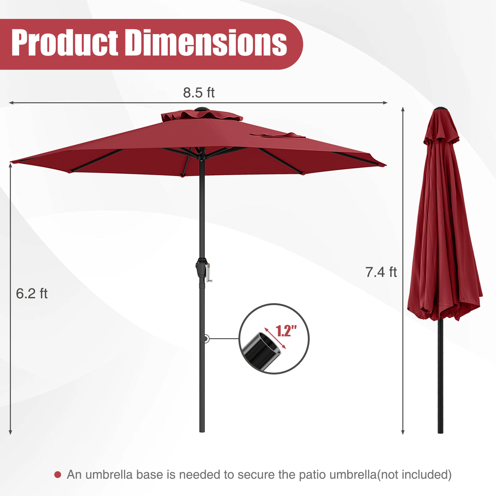 SUGIFT 8.5-ft Red Market Patio Umbrella with Crank, 8 Ribs and Vented Top