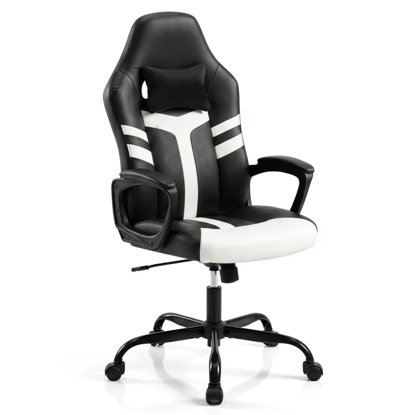 SUGIFT White Faux Leather High-Back Office Chair with Plush Trim and Neck Pillow