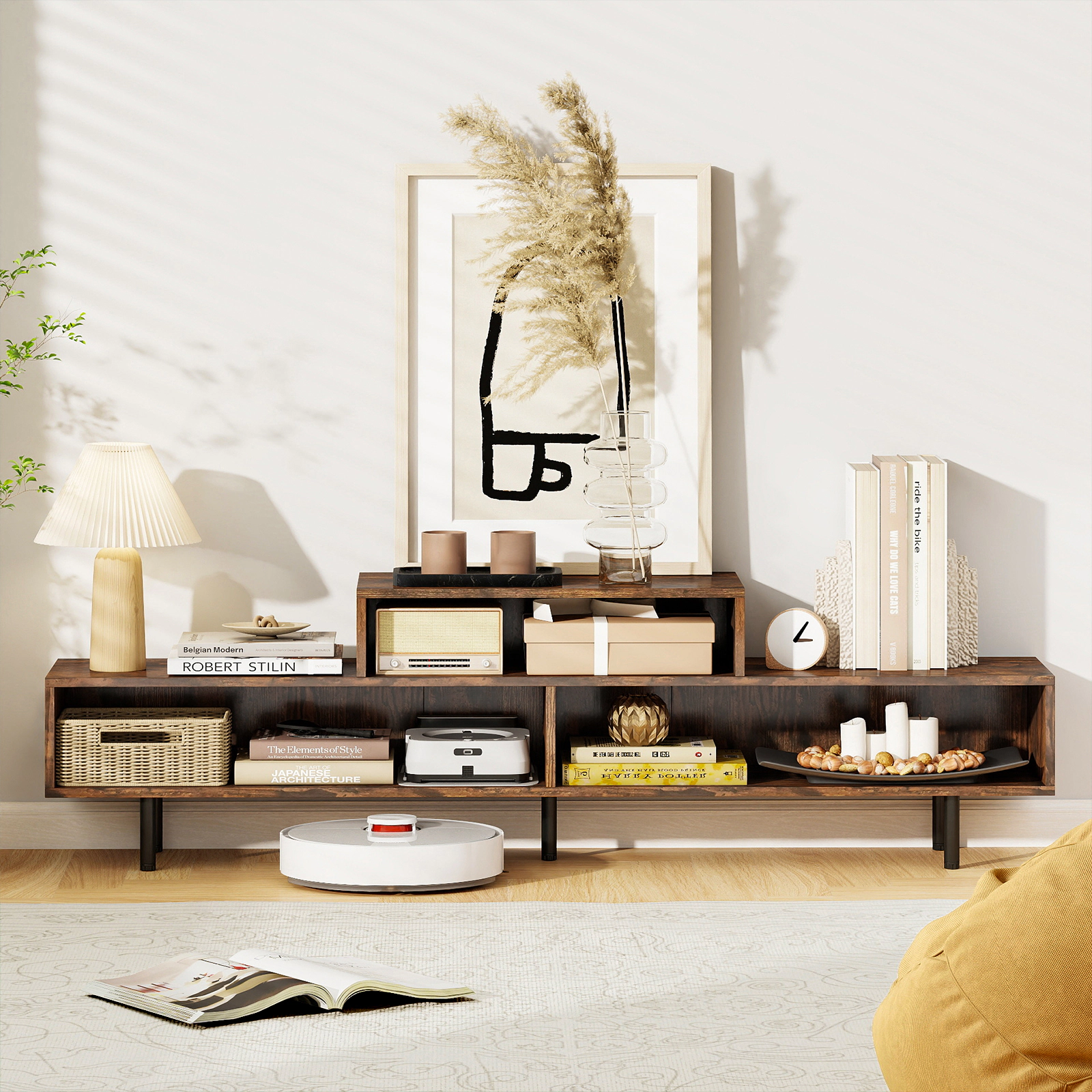 SUGIFT 63-In Rustic Brown TV Stand for TVs Up to 70 Inches, 3 Open Cubbies