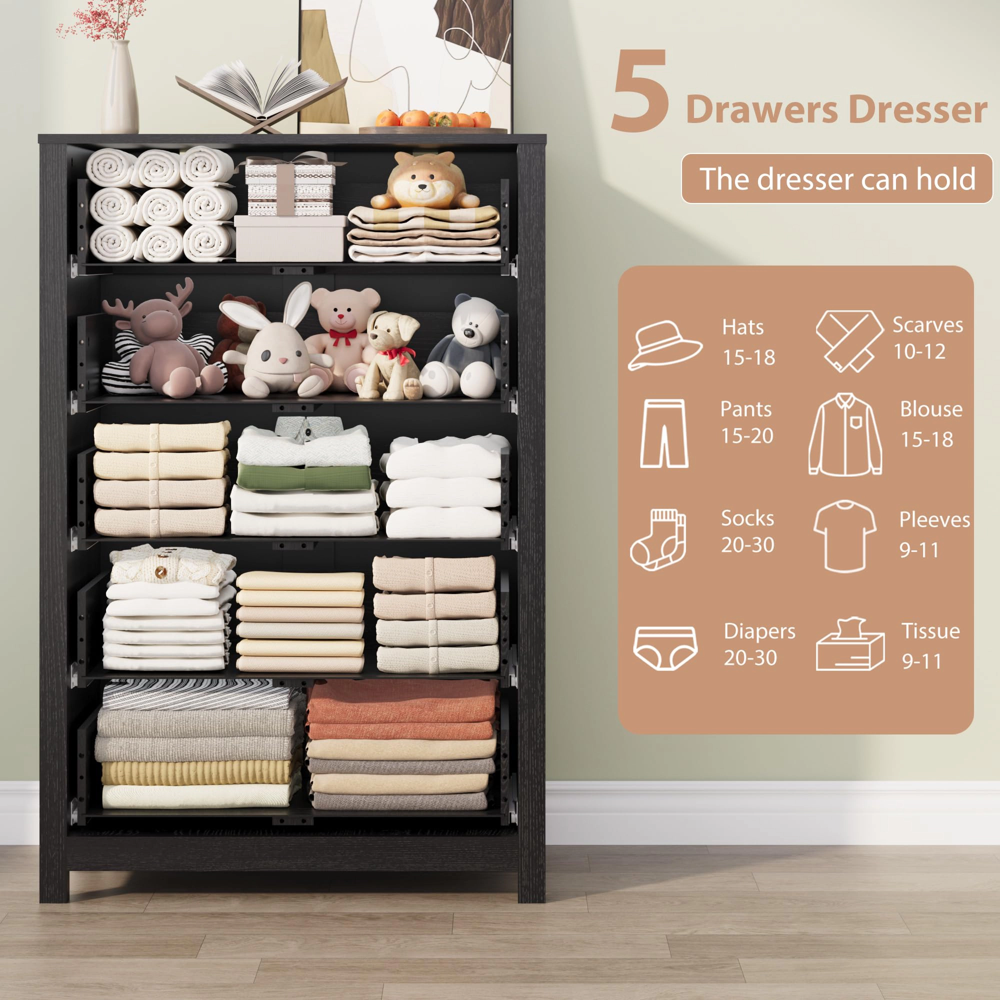 5 Drawer Dresser for Bedroom, Modern Wood Storage Chest with Deep Drawers