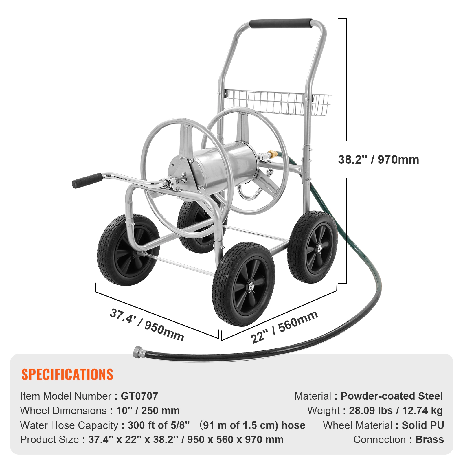 HONGGE Hose Reel Cart, Holds 300 ft of 5/8" or 500 ft of 1/2" Hose, Steel Frame with 4 Wheels and Storage Basket