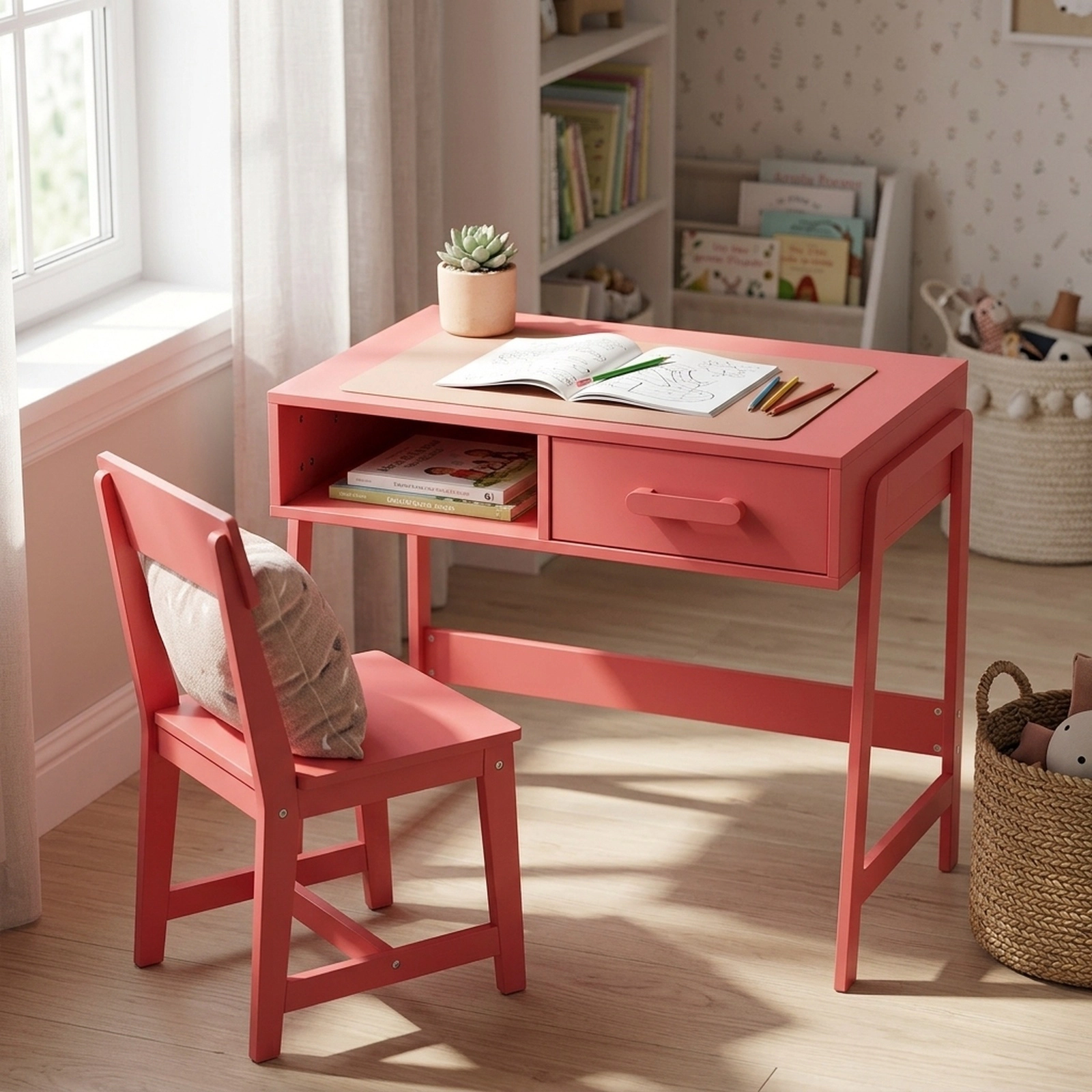 SUGIFT Kids Desk and Chair Set, 33.5 in Study Table with Hutch, Drawer, Pink