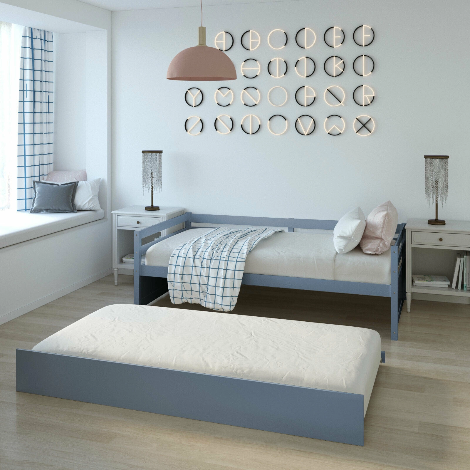 SUGIFT Wooden Slat Support and Roll-Out Trundle Twin Platform Bed Frame