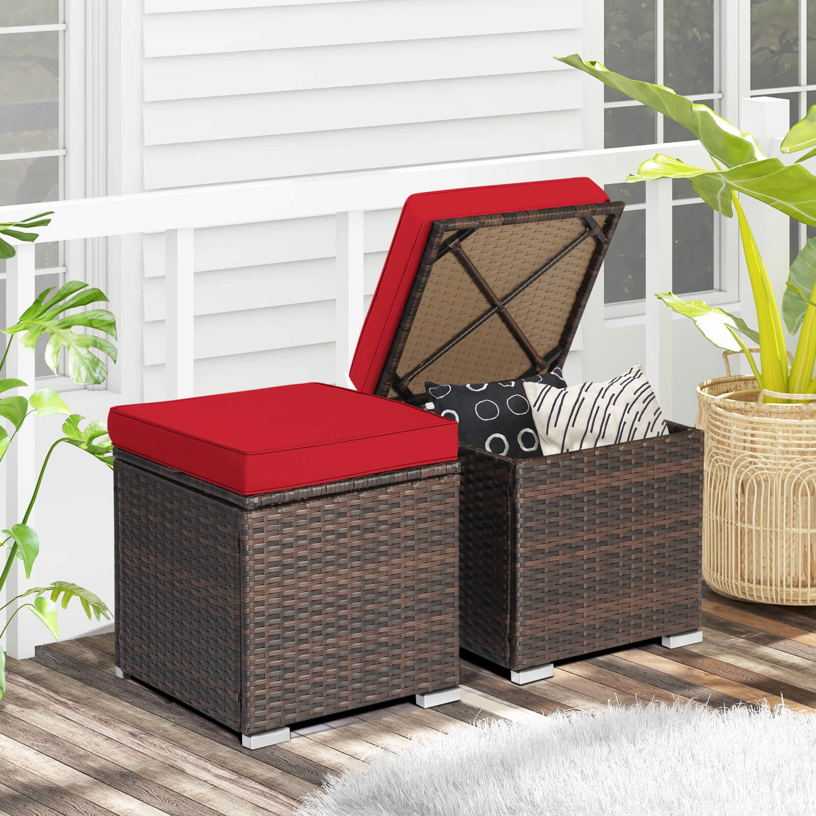SUGIFT 2-Piece Patio Ottoman Storage Set with Removable Cushions 350-lb Top Capacity Red Mix Brown Rattan