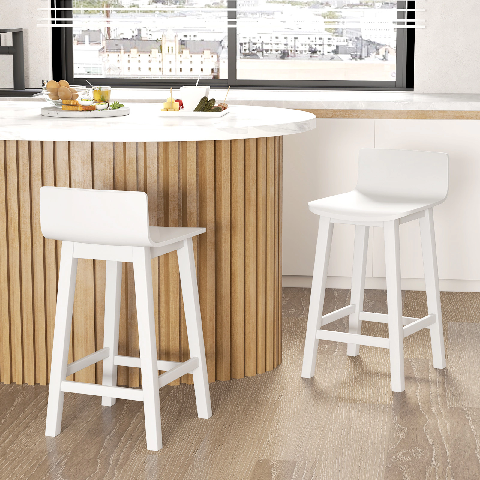SUGIFT Solid Wood Bar Stools Set of 2 with Backrest 330-Lb Capacity 24.5-in Seat Height 15.5 x 17.5 x 30 in Frame White