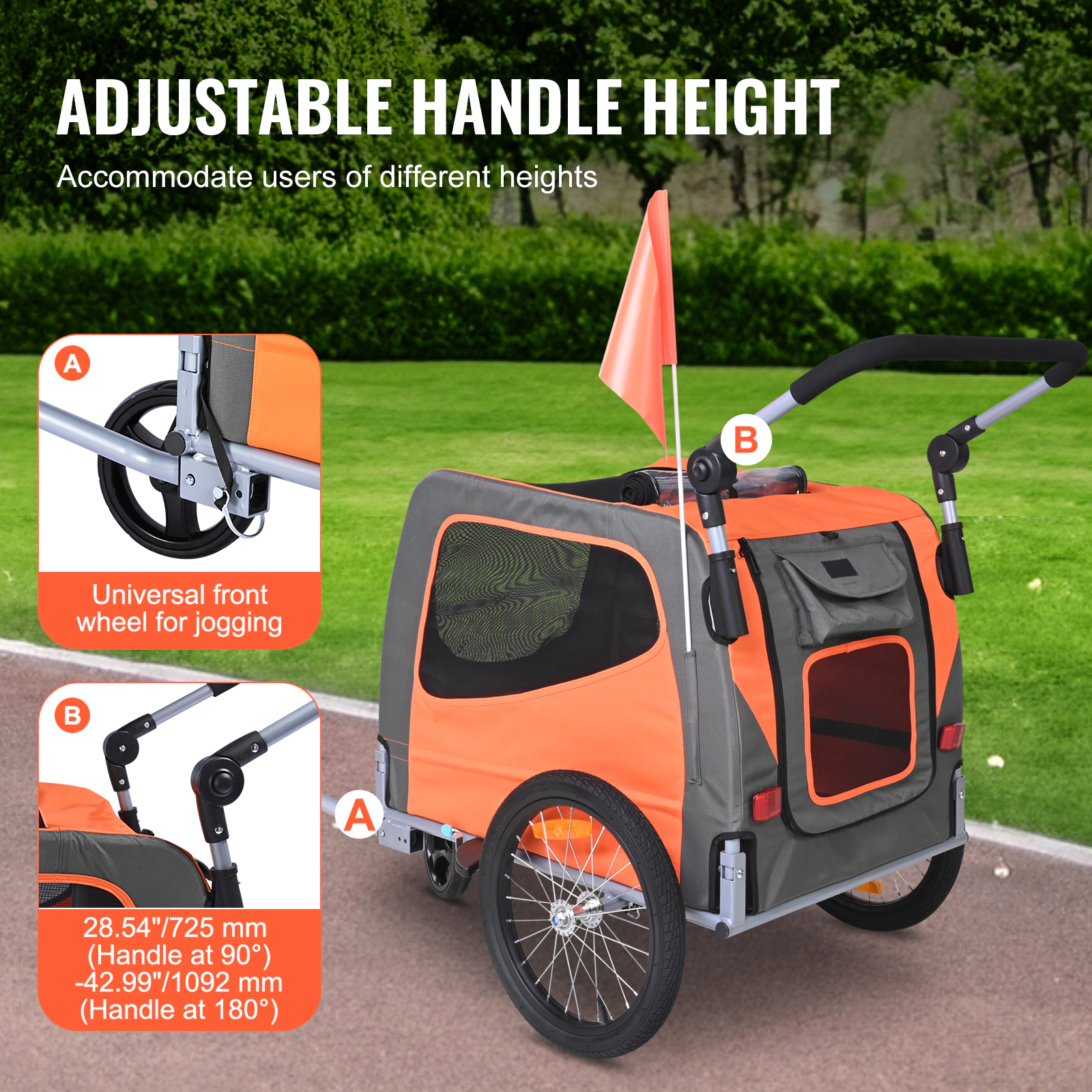 HONGGE 2-in-1 Dog Bike Trailer & Stroller, 66 lb Capacity, Adjustable Handle, Orange/Gray