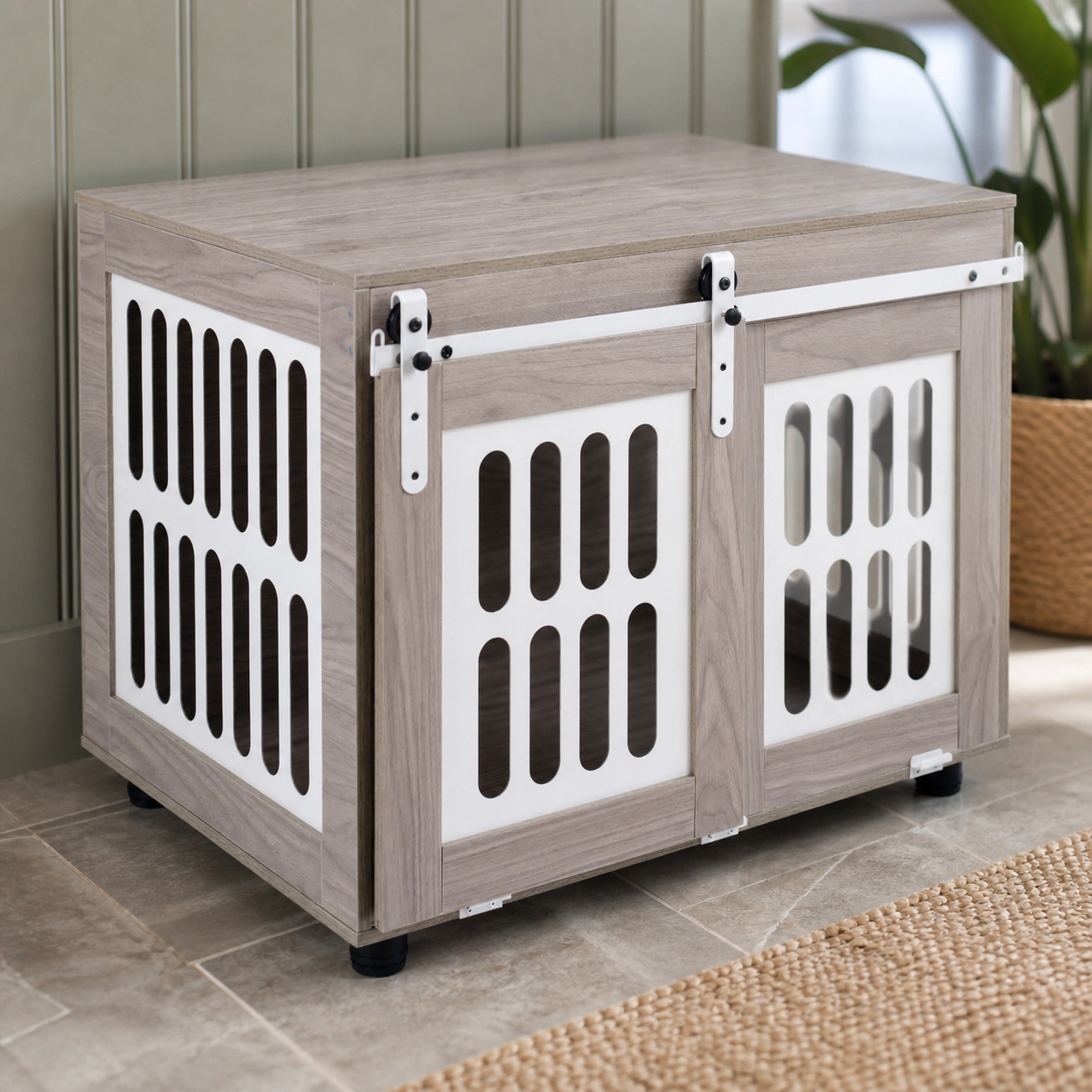 SUGIFT Gray Dog Crate Furniture with Sliding Barn Door Side Metal Windows and Locking Knobs for Dogs