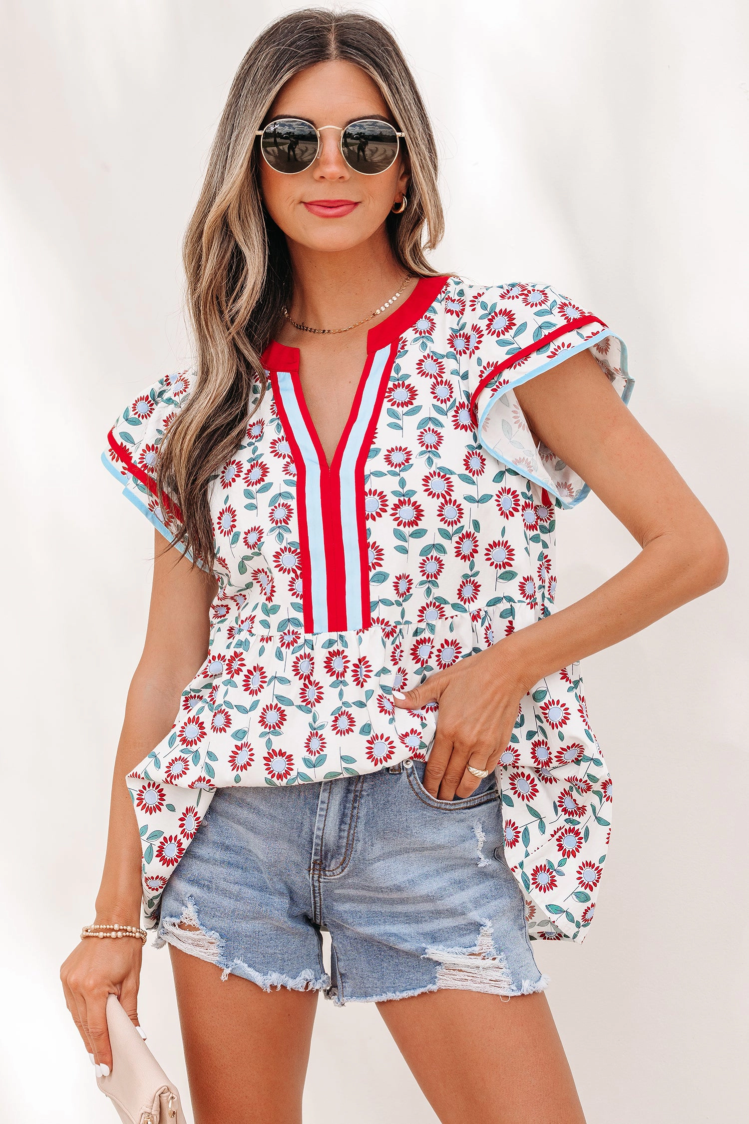 Threaded Pear Womens Avery Trim Flutter Sleeve Blouse