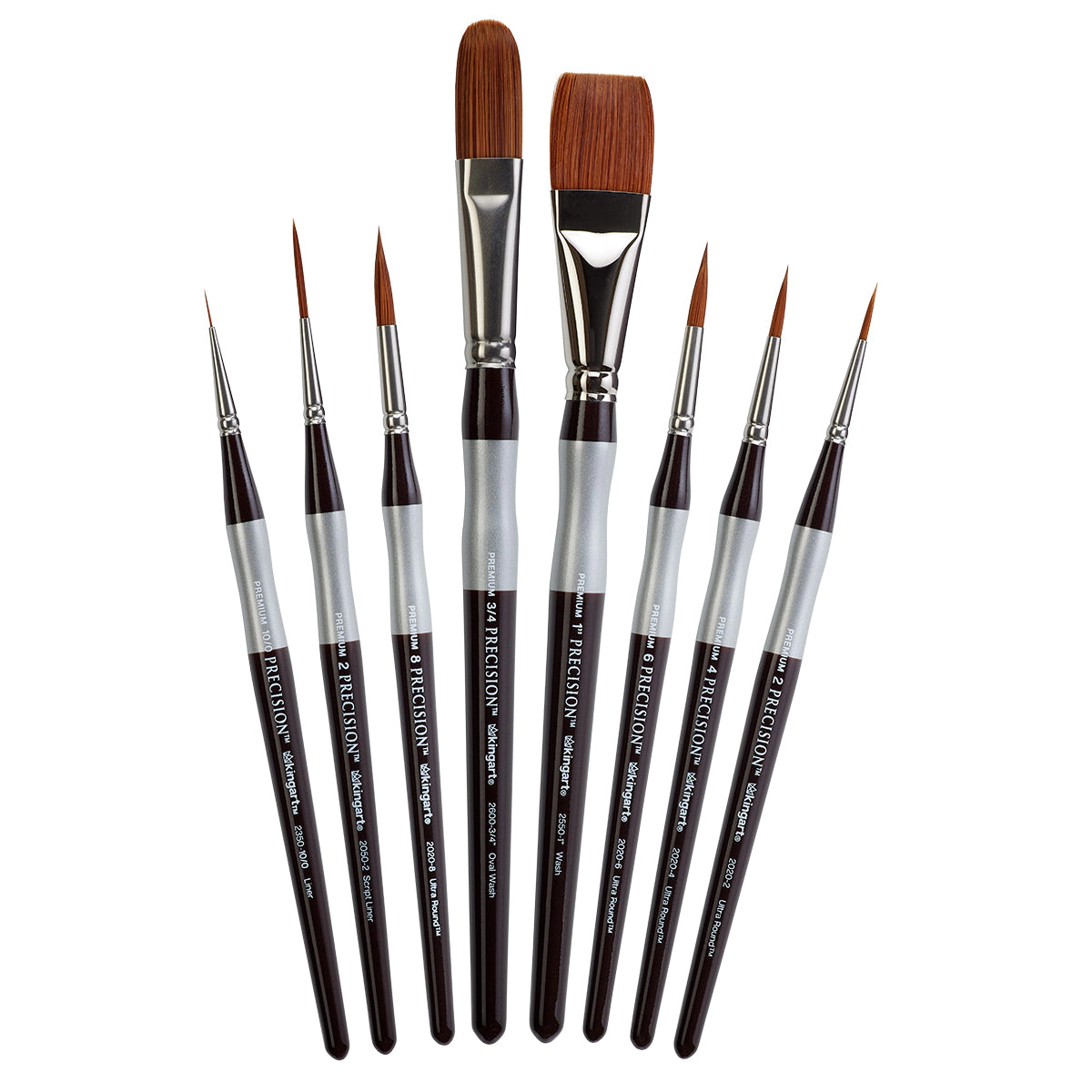 KINGART Precision Amber Taklon Comfort Handle Brush Set - 8 pc